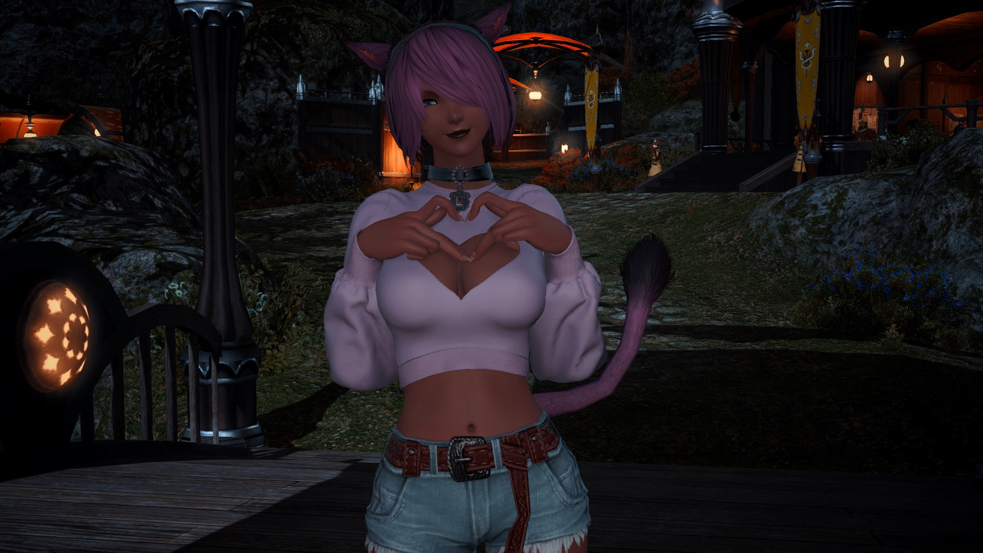 Azura in a cropped sweater with a heart shape cutout that shows off her cleavage, as well as a pair of cut off shorts. She's in Gridania at night, posing by holding her fingers in a heart shape, all while smiling at you. c: 