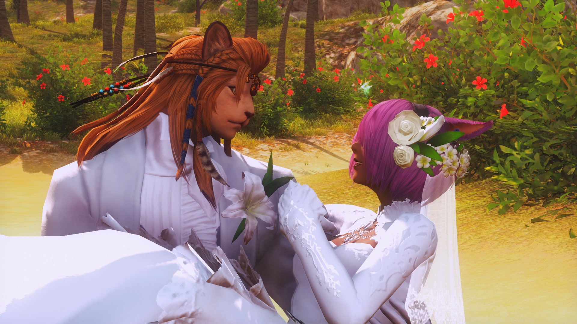 Wuk Lamat carrying Azura. Lamaty'i dons a wedding tuxedo, while Azura wears a wedding gown. They look upon each other lovingly. The setting of this occasion is a beach in Costa del Sol. 