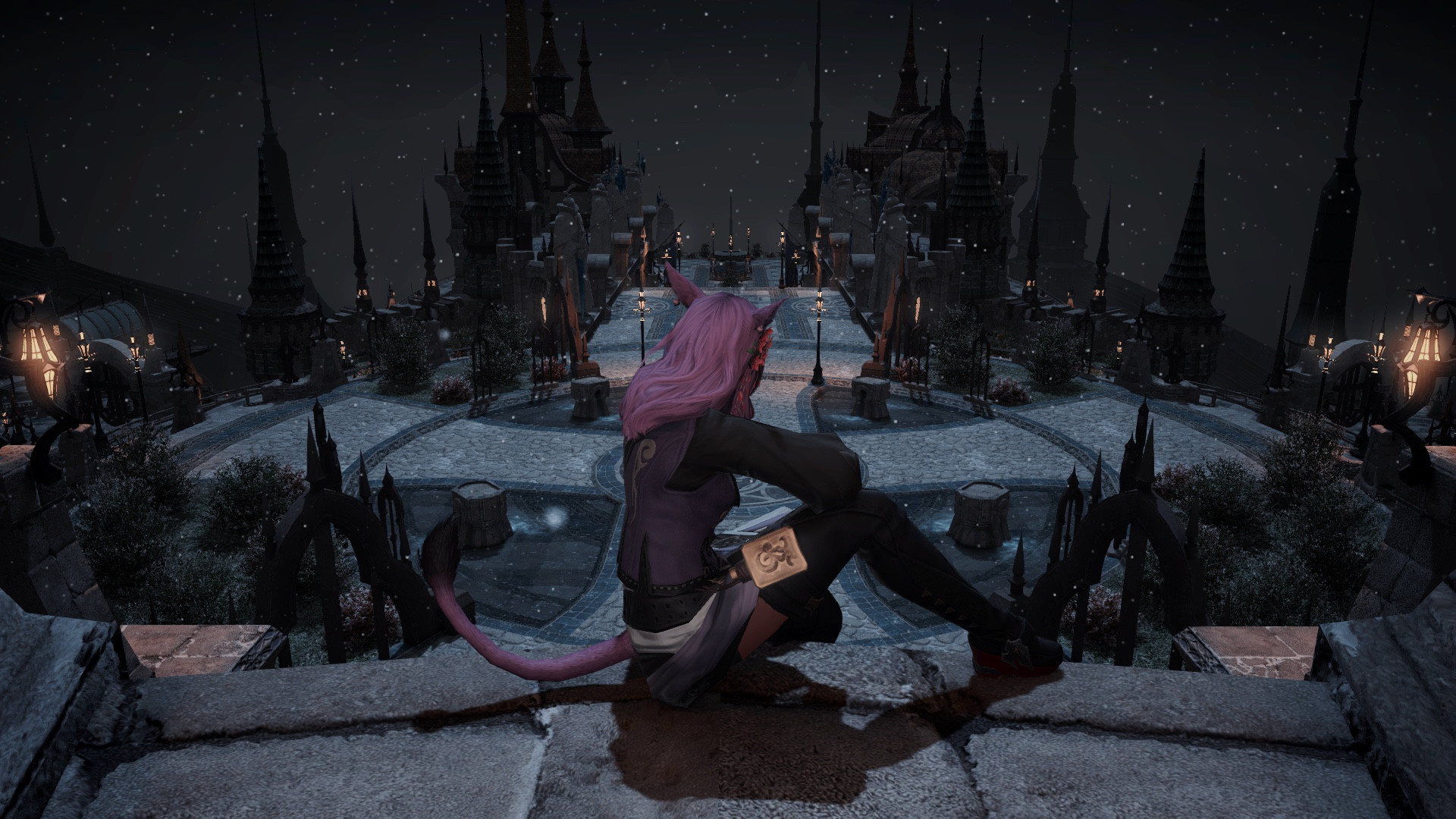 Azura sits on a ledge overlooking the city of Ishgard at night. 