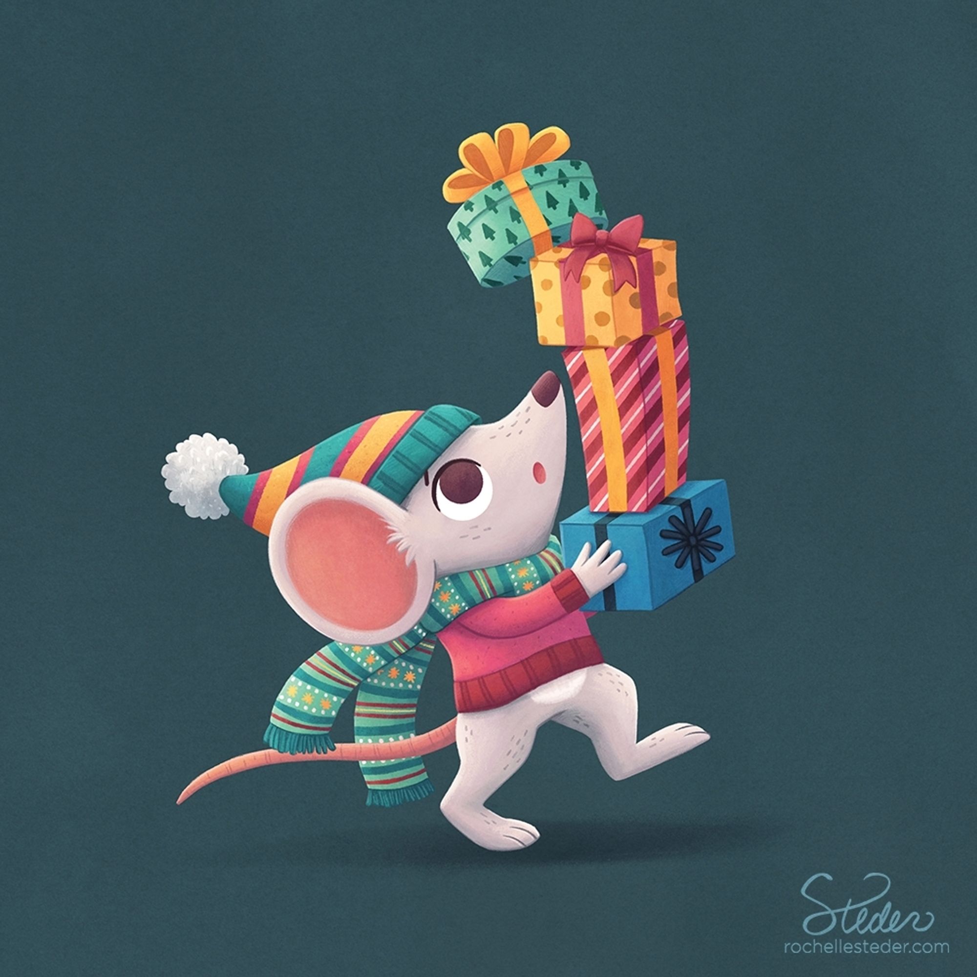 A surprised mouse in a sweater and scarf trying to carry a tall tower of Christmas presents. The box on the top is about to fall off.