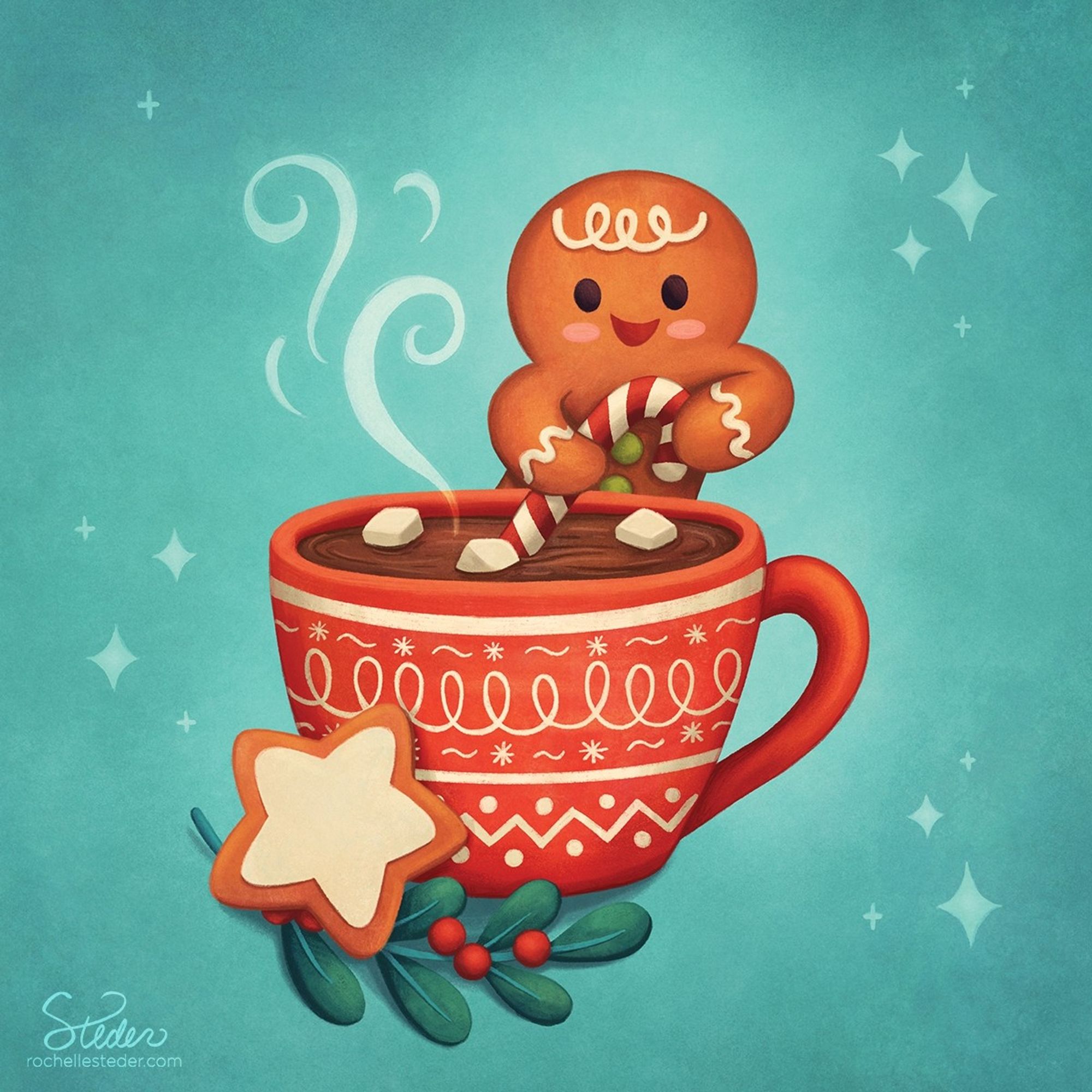 An illustration of a gingerbread man stirring hot coco and marshmallows in a giant red mug using a candy cane.