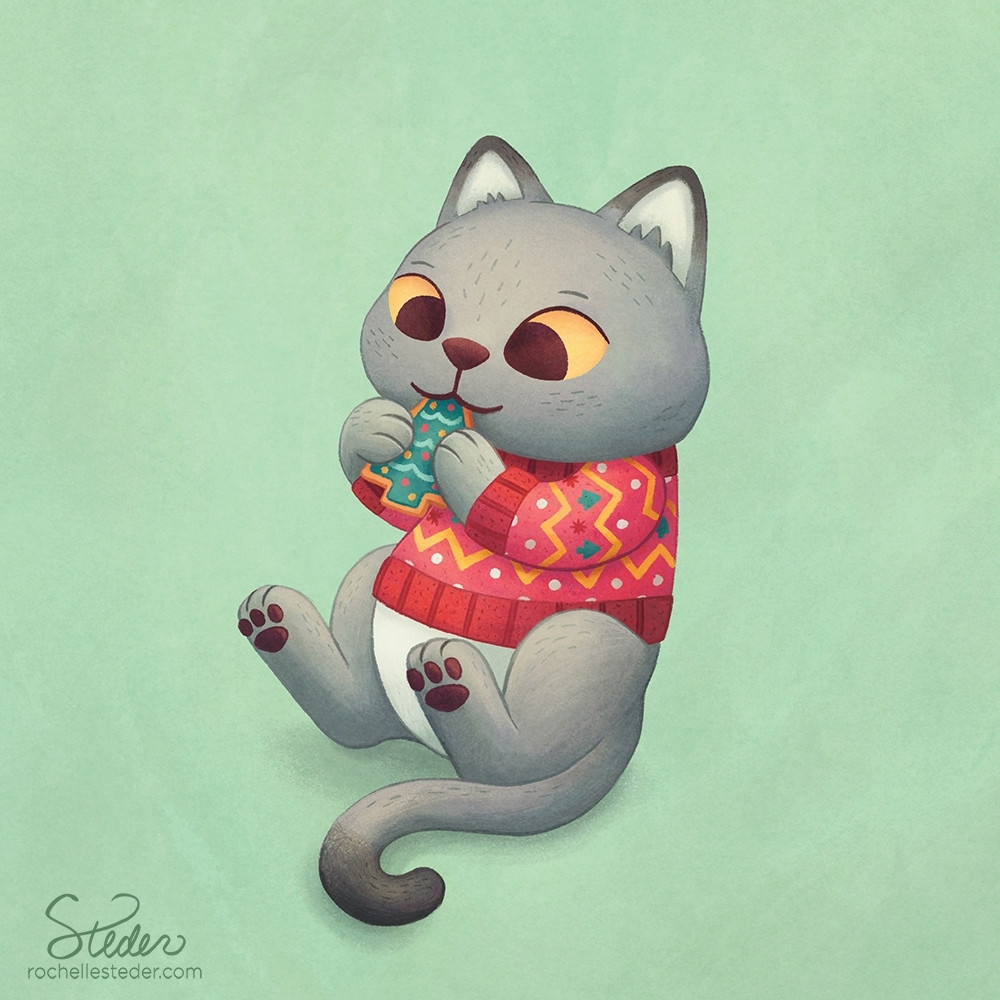 A cat in a Christmas sweater eating a cookie