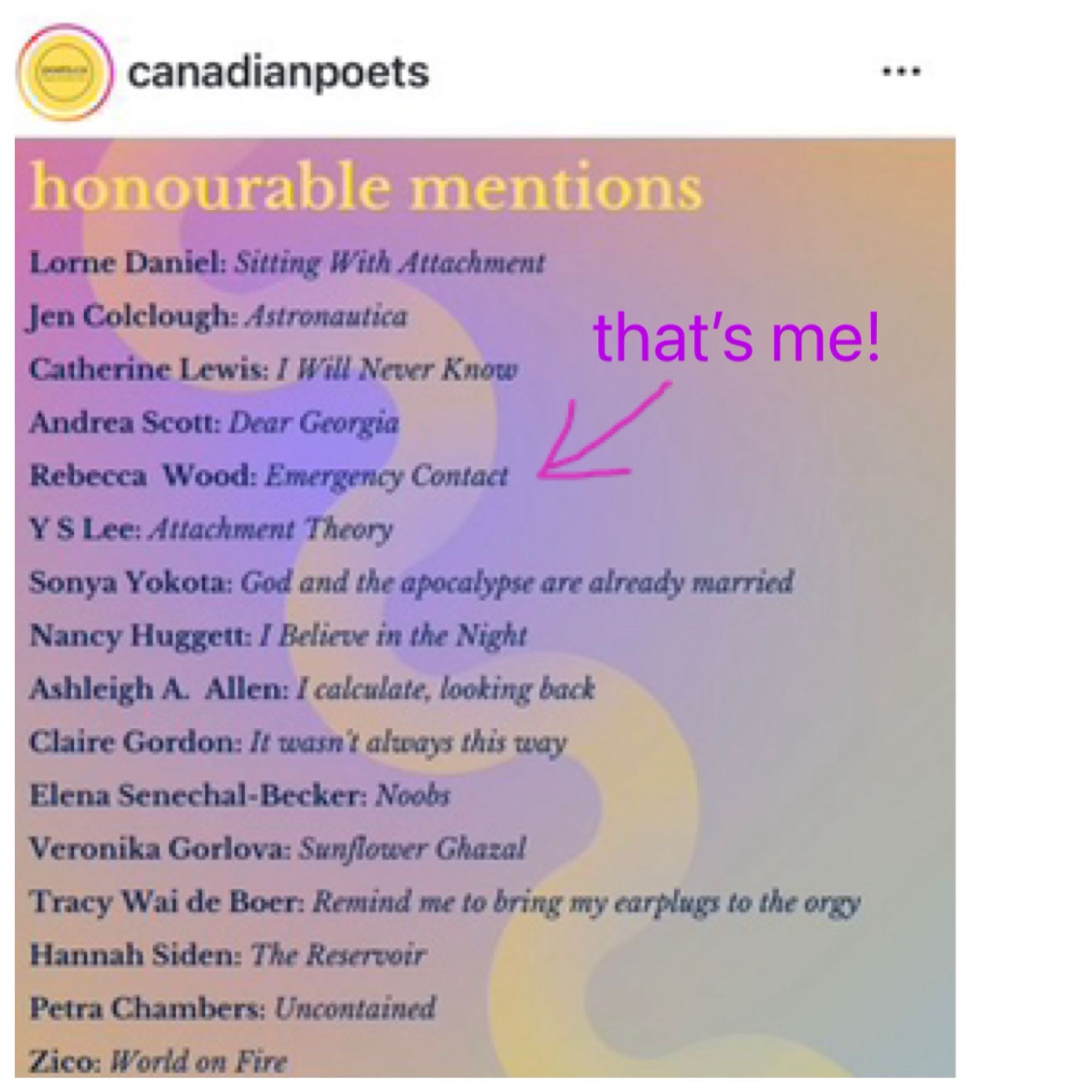 Screen shot of honourable mentions for the Summer Lovin’ Contest. Full list of names and poem titles can be read with screen reader at https://poets.ca/summerlovin2024/