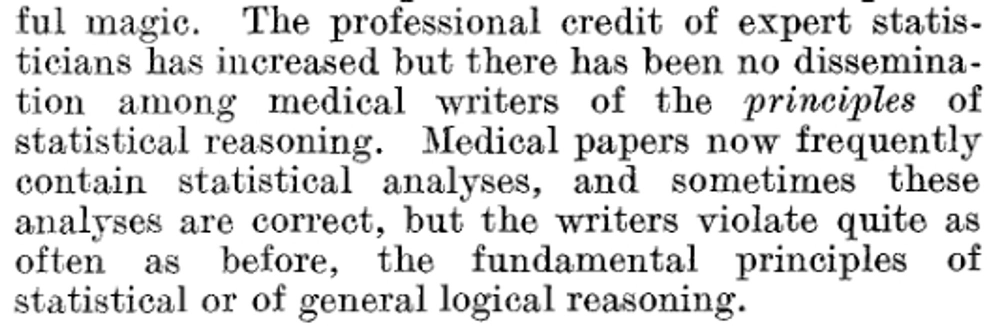 The professional credit of expert statisticians has increased but there 
as been no dissemination among medical writers of the principles of statistical reasoning. Medical papers now frequently contain statistical  anlyses, and sometimes these analyses are correct, but the writers violate quite as often as before, the fundamental principles of statistical or of general logical reasoning