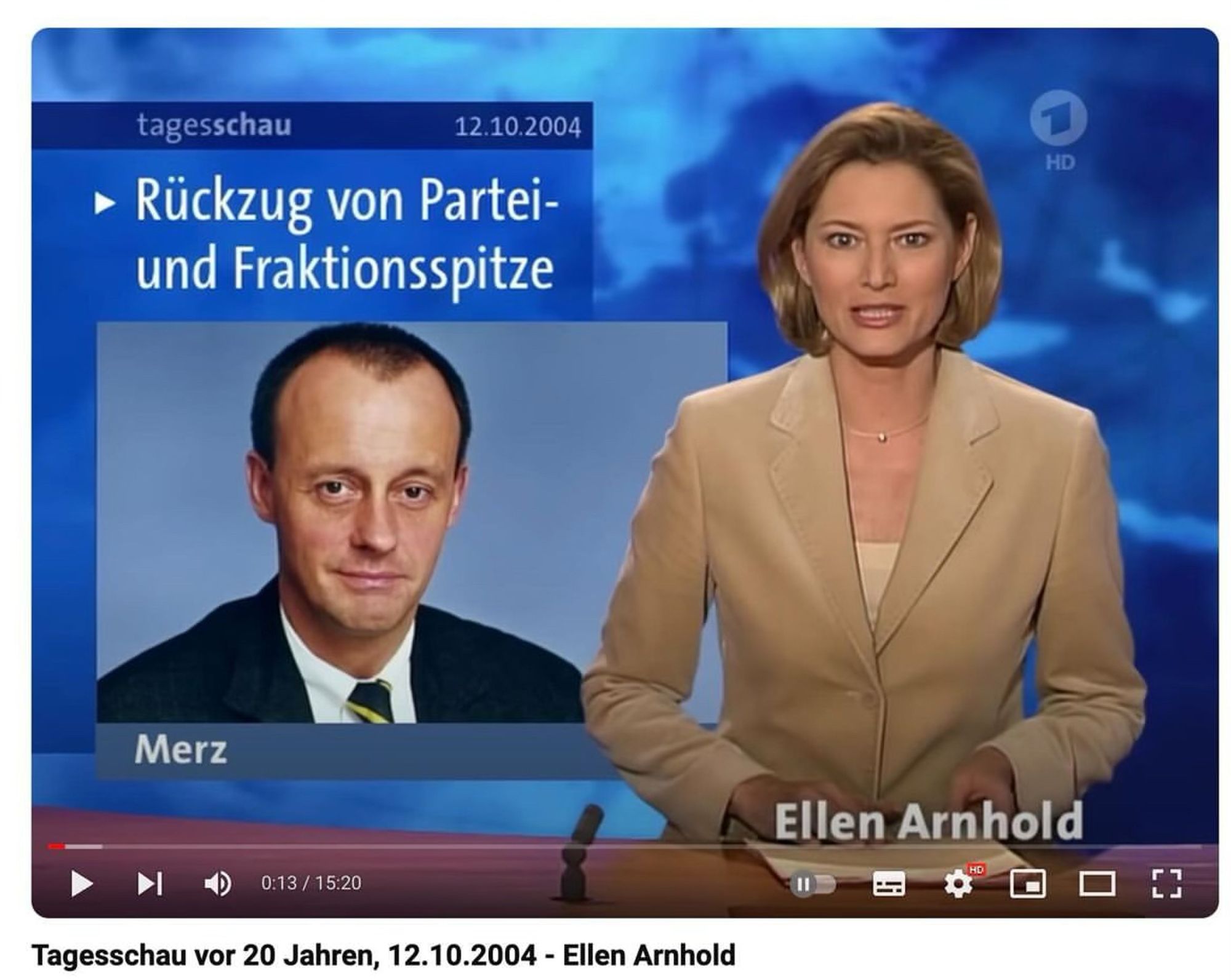 Tagesschau vor 20 Jahren mit Ellen Arnhold: “Merz — Rückzug von Partei- und Fraktionsspitze”