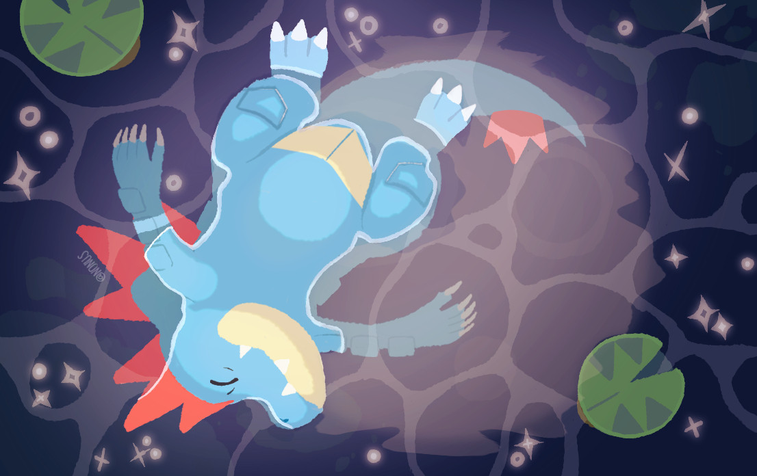 A feraligatr floating on its back in a still lake. The moon and stars are reflected on the water's surface, with two lotad floating nearby.