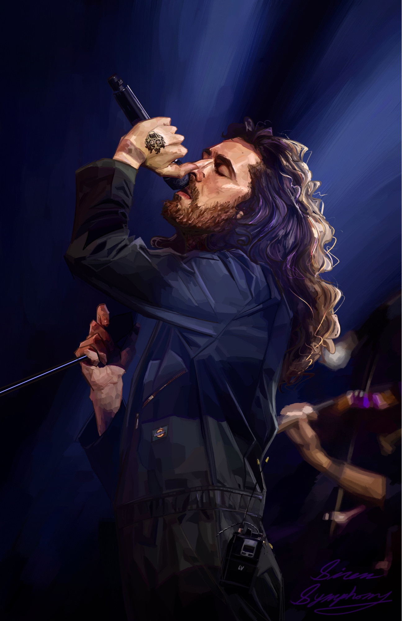 A painted redraw of Hozier at the Petco Park Stadium in San Diego at his Unreal Unearth 2023 tour, his eyes closed & head angled up singing into the microphone.