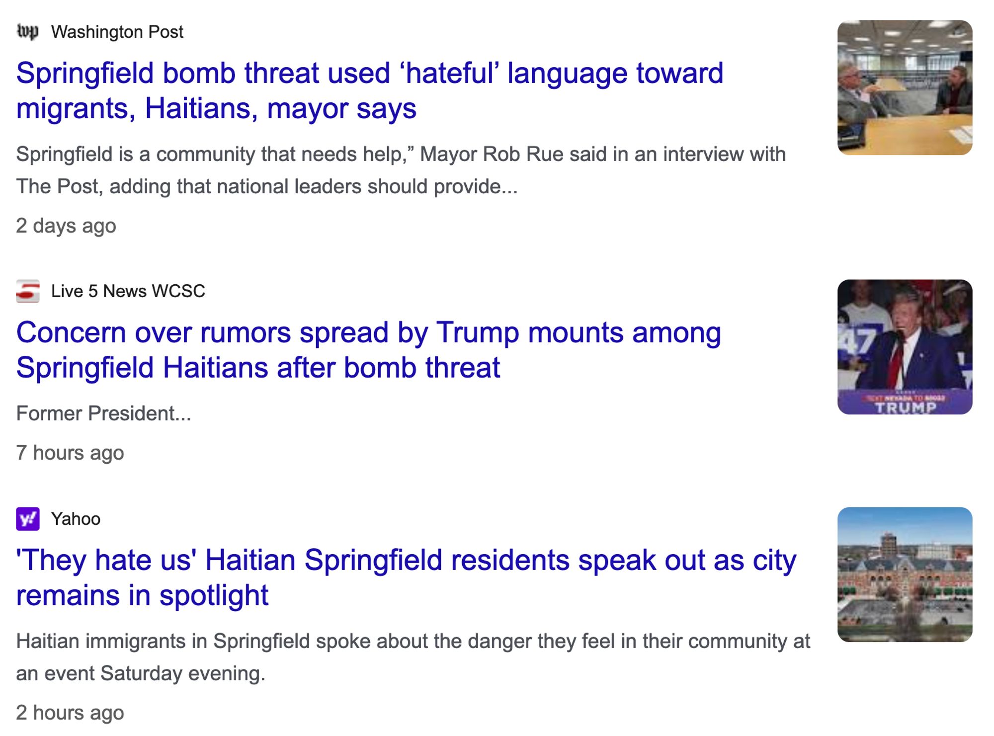 Headlines about how hateful fascist propaganda about pet-eating Haitians is leading to bomb threats and harassment in Springfield, OH.