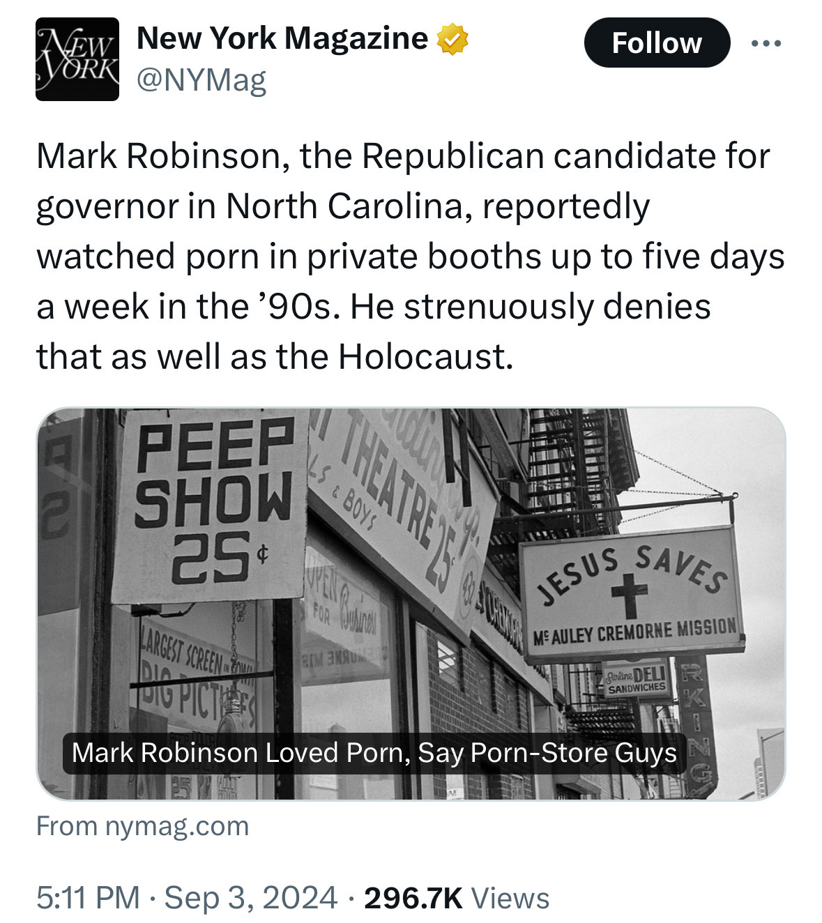 NYMag twoot: “Mark Robinson, the Republican candidate for governor in North Carolina, reportedly watched porn in private booths up to five days a week in the ’90s. He strenuously denies that as well as the Holocaust.”