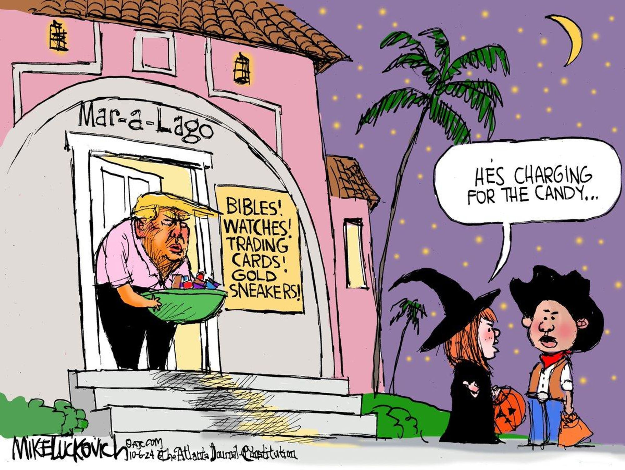 Mike Luckovich cartoon:
Trump stands at the door of Mar-a-Lago holding a bowl of Halloween candy. Beside him a sign reads BIBLES! WATCHES! TRADING CARDS! GOLD SNEAKERS! A small red-headed girl in a witch costume faces away from the doorway, commenting to a boy dressed in a cowboy outfit: "He's charging for the candy..."