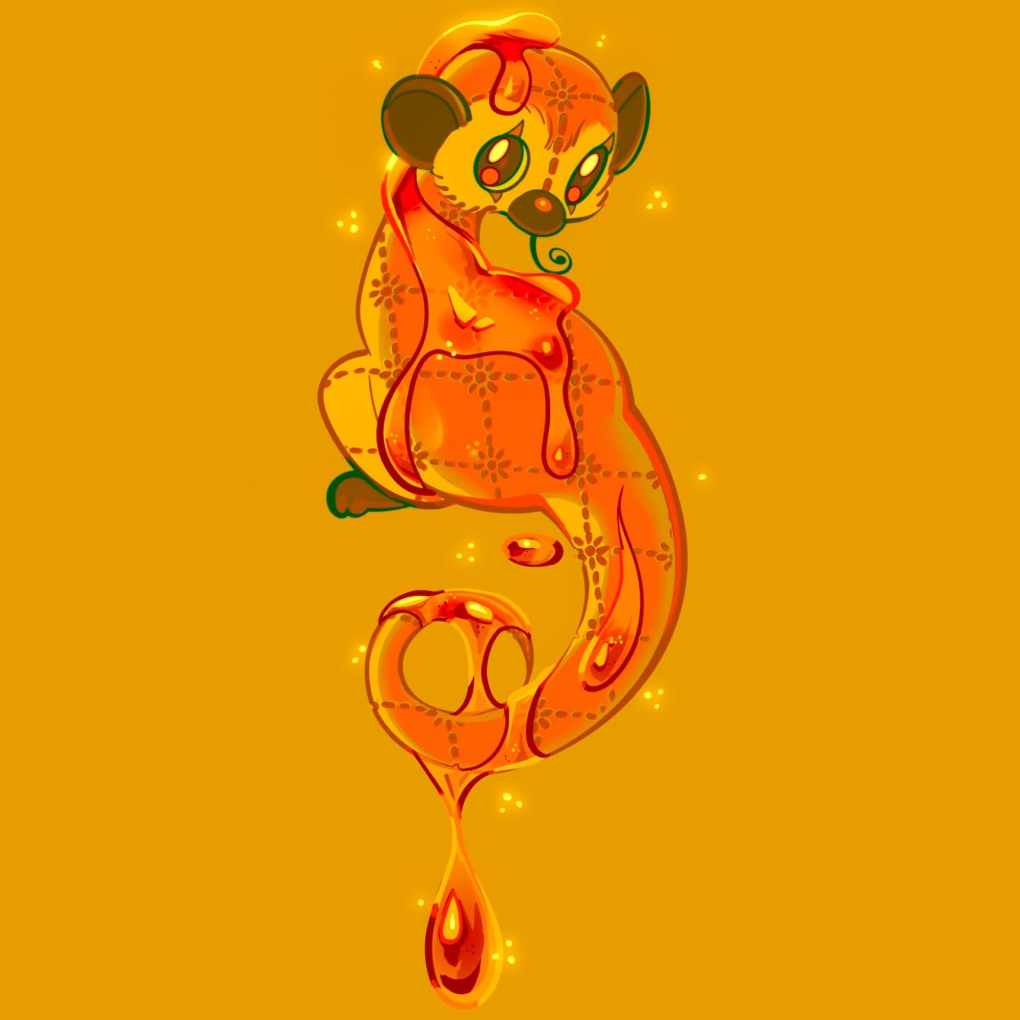 The image showcases a whimsical depiction of a kinkajou, an arboreal mammal, stylized as though it's made out of graham cracker. The overall composition of the image is vertical with the kinkajou occupying the central space. The kinkajou’s body is covered in golden honey, which drips luxuriously down its contours, adding a glossy and sticky texture to its form. The background is a uniform mustard yellow, which complements the honey's amber tones. The kinkajou has rounded ears, large expressive eyes, and a curly tongue, enhancing its cartoon-like appearance. Its body is detailed with a pattern reminiscent of the intricate design found on graham crackers, adding a tactile and detailed element to the character. The honey drips from various parts of its body and tail, culminated by a large drop at the bottom, adding a sense of movement and fluidity to the scene.