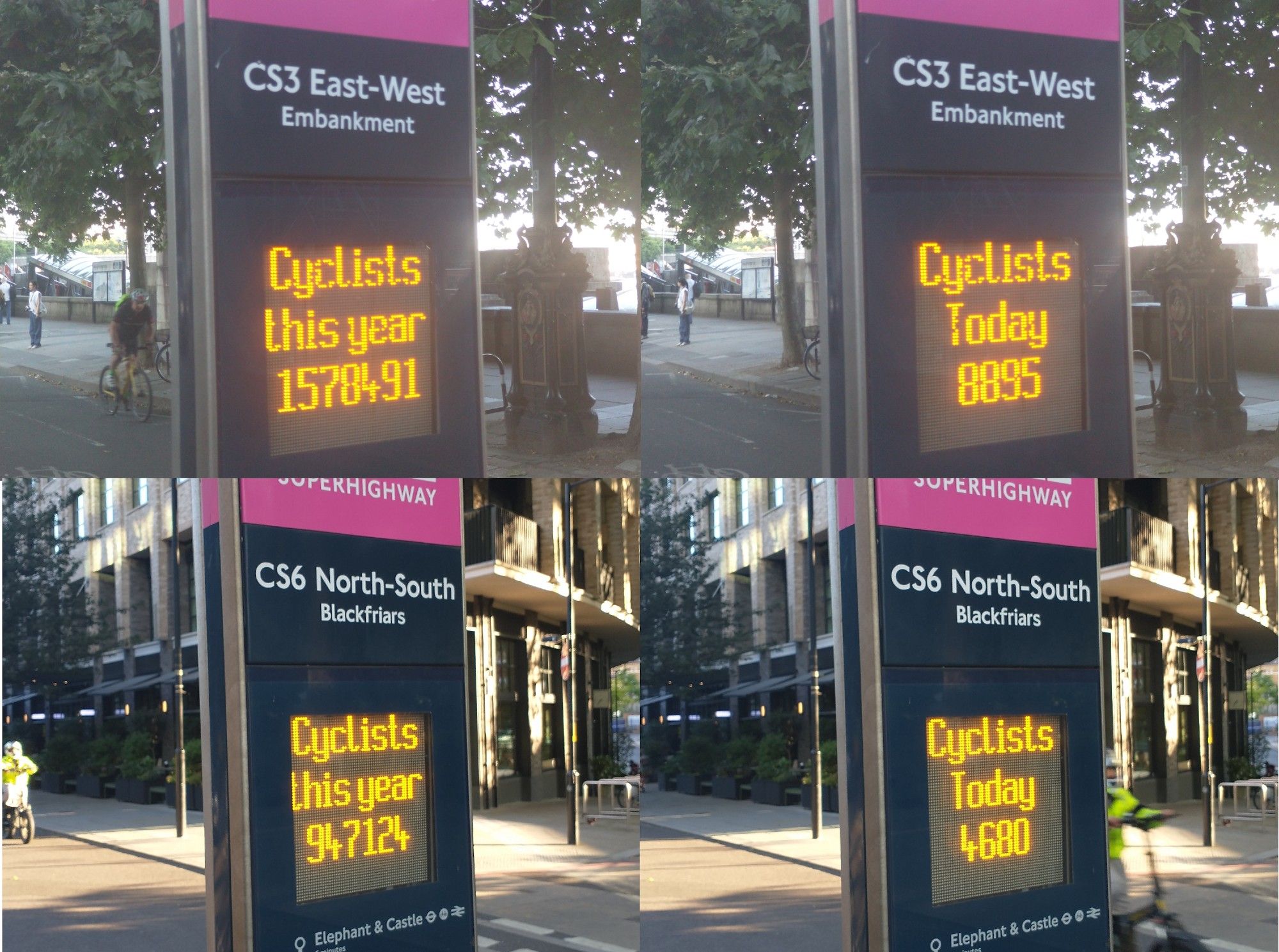 Collage of four pictures of the electronic displays on the two cycle journey counters with the "cyclists this year" and "cyclists today" scores as quoted.