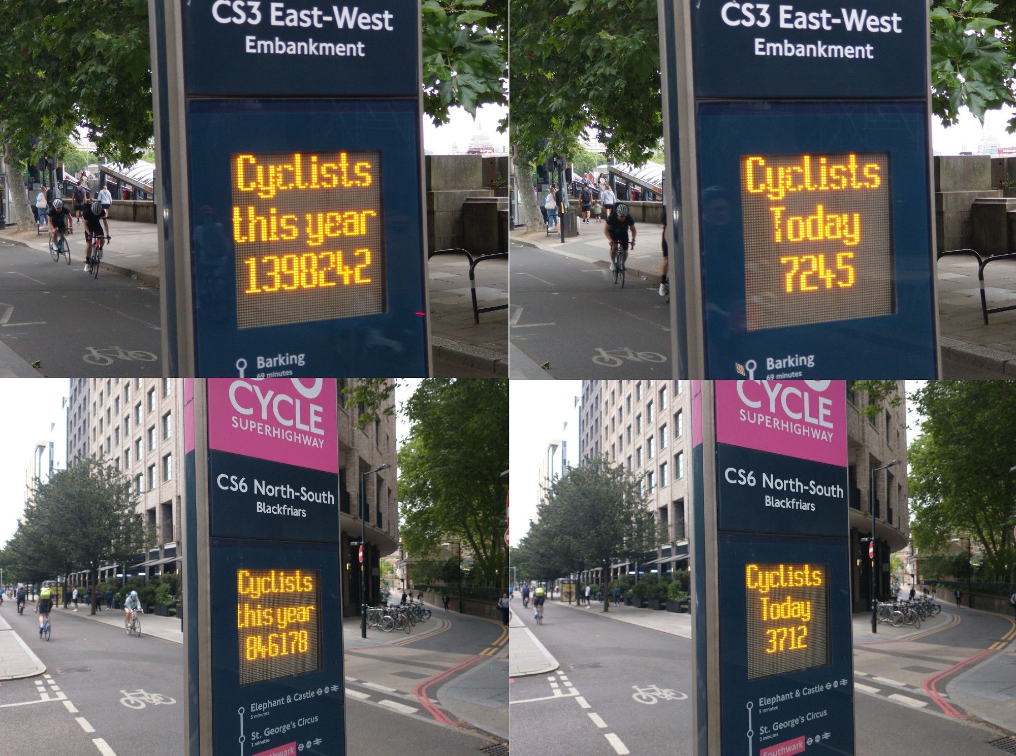 Collage of four pictures of the electronic displays on the two cycle journey counters with the "cyclists this year" and "cyclists today" scores quoted in the main post.  Folk can be seen riding bikes along the cycle tracks in the background.