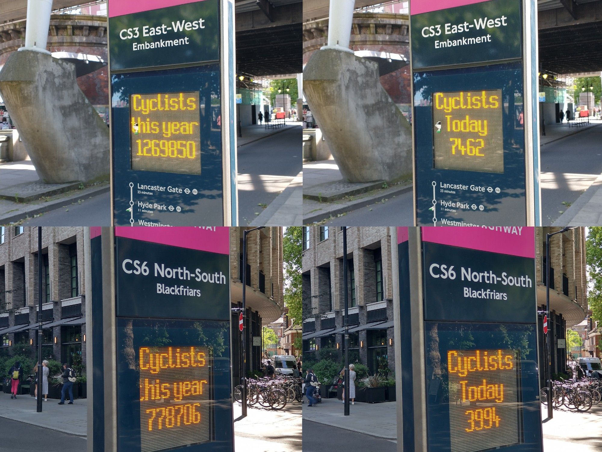 Collage of four pictures of the electronic displays on the cycle journey counter totems on cycle routes C3 on Victoria Embankment and C6 on Blackfriars Road, showing the cyclists-this-year and cyclists-today scores quoted in the main post.