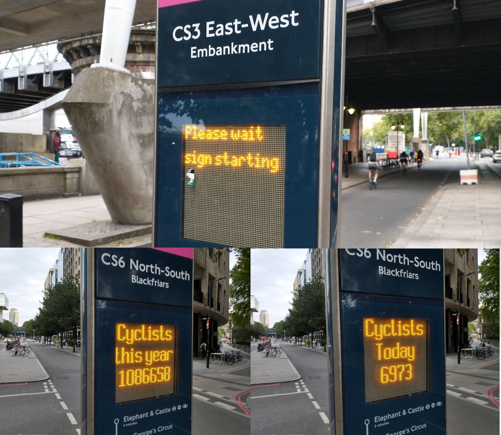 Collage of three pictures.  One of the CS3 Embankment cycle journey counter were the display has "Please wait sign starting", as people cycle along the track in the background.  Two pictures of the CS6 counter on Blackfriars Road with the "cyclists this year" and "cyclists today" scores quoted in the main post.