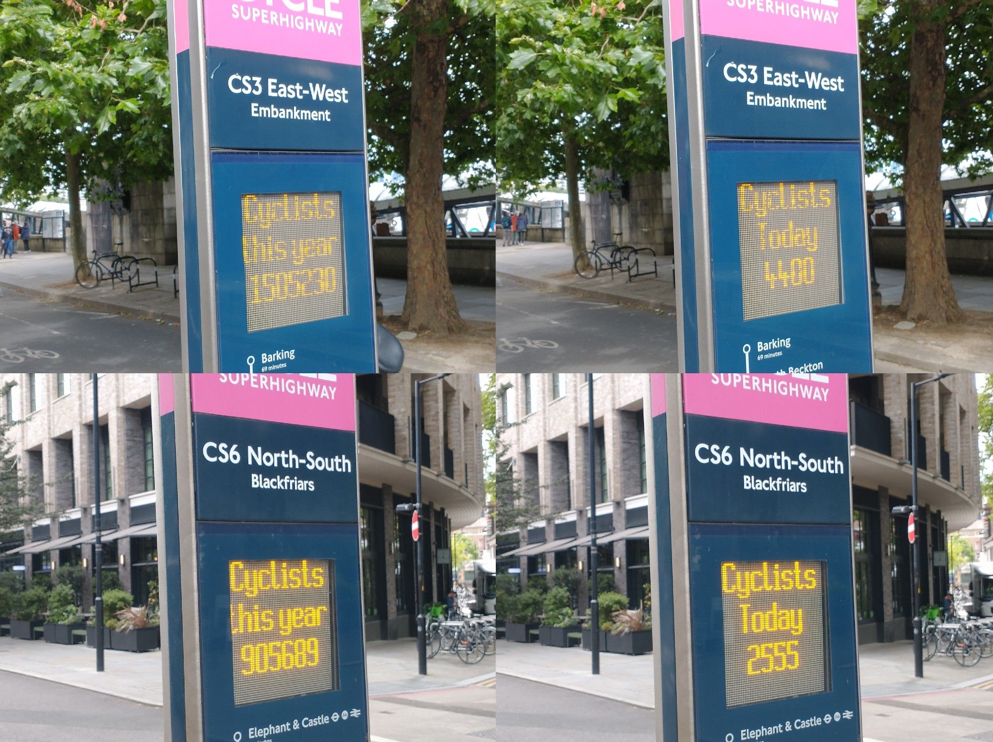 Collage of four pictures of the electronic displays on the cycle journey counters with the quoted "cyclists this year" "cyclists today" scores.