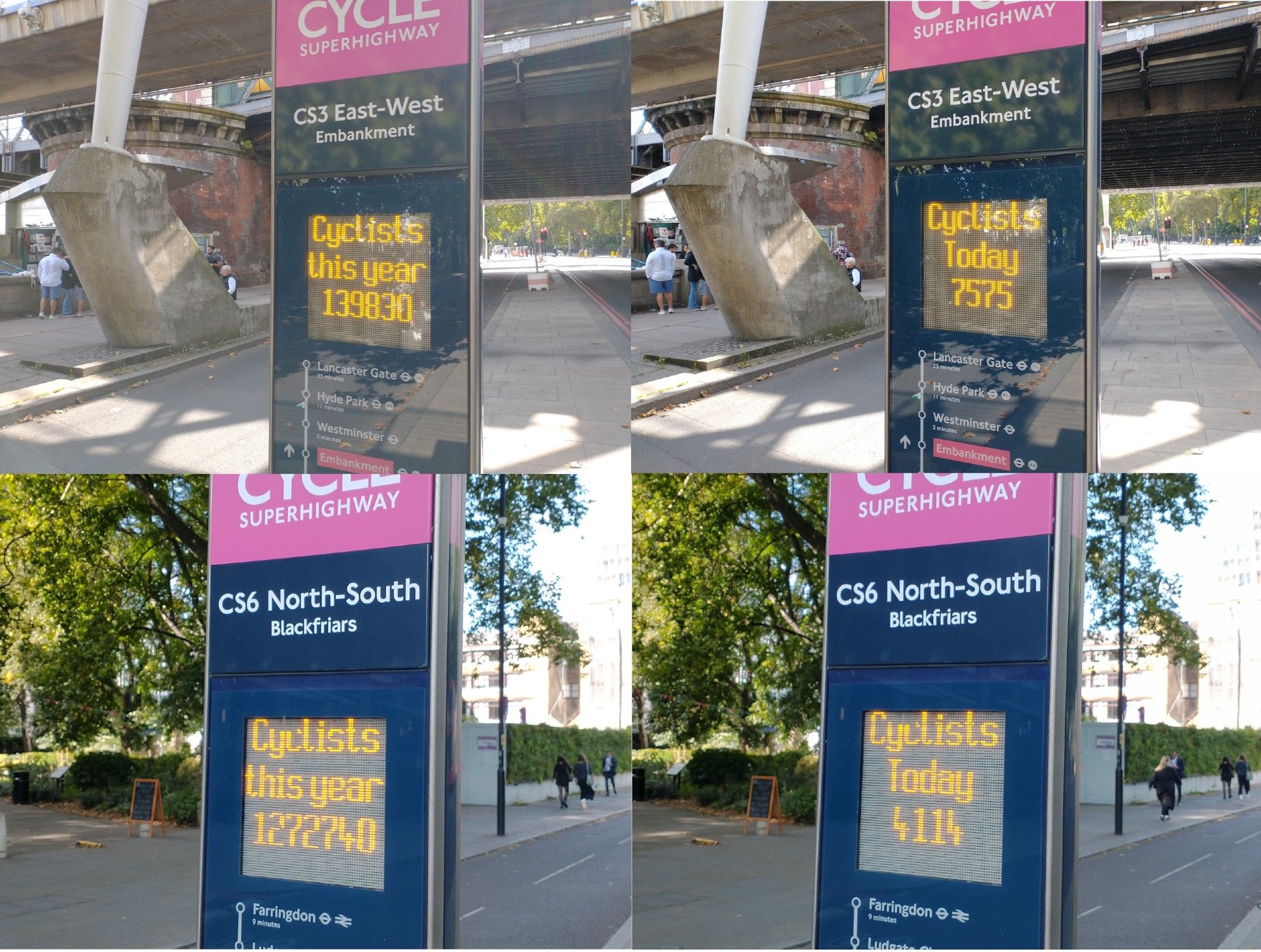 Collage of four pictures of the electronic displays on the two cycle journey counters with the displays showing the quoted "cyclists this year" and "cyclists today" scores.