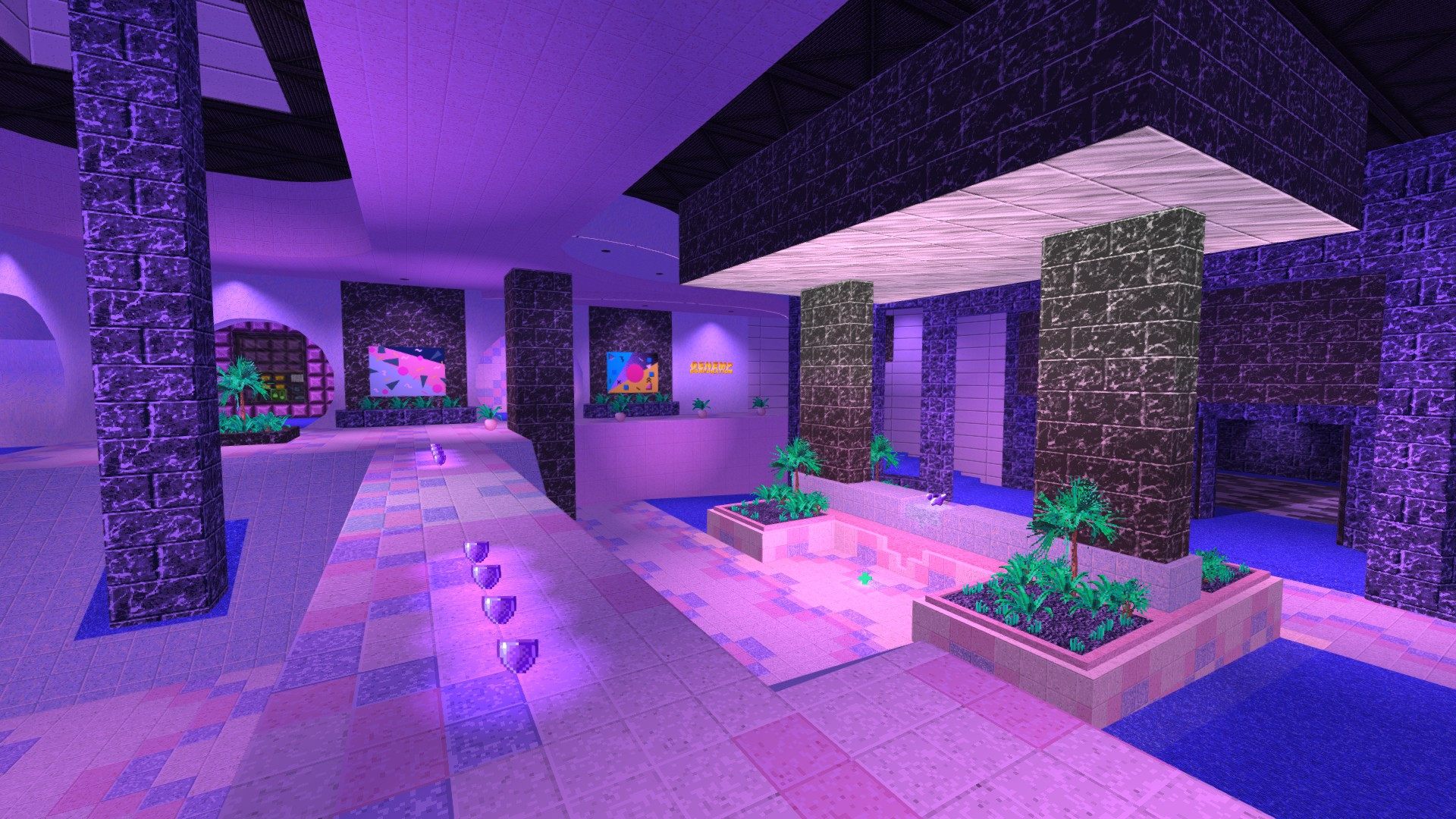 video game screenshot, pixel art, vaporwave corporate lobby