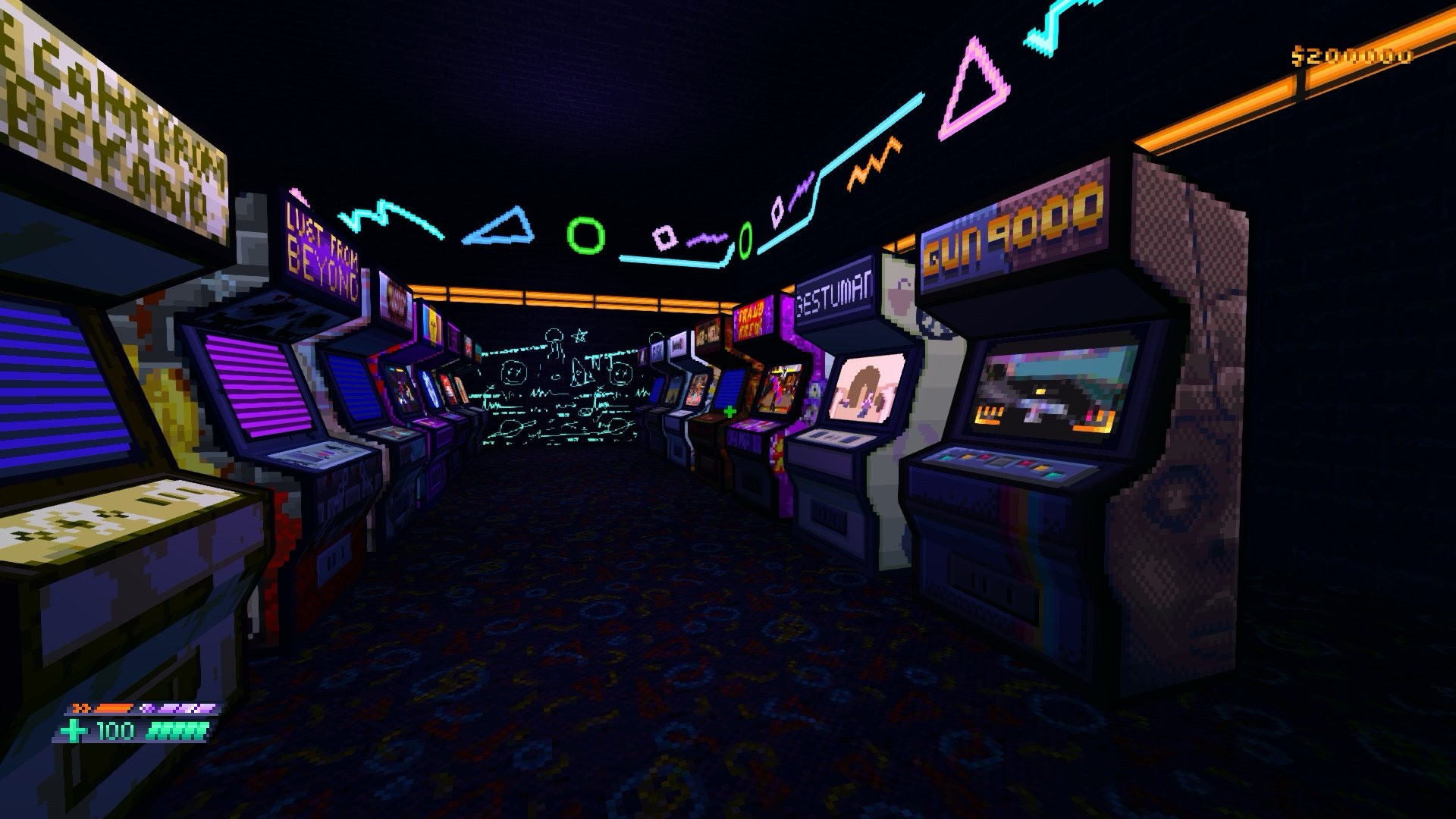 Video game screenshot, pixel art, video arcade.