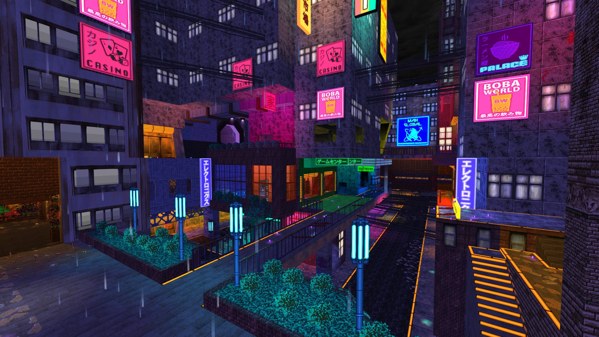 video game screenshot, pixel art, cyberpunk city streets