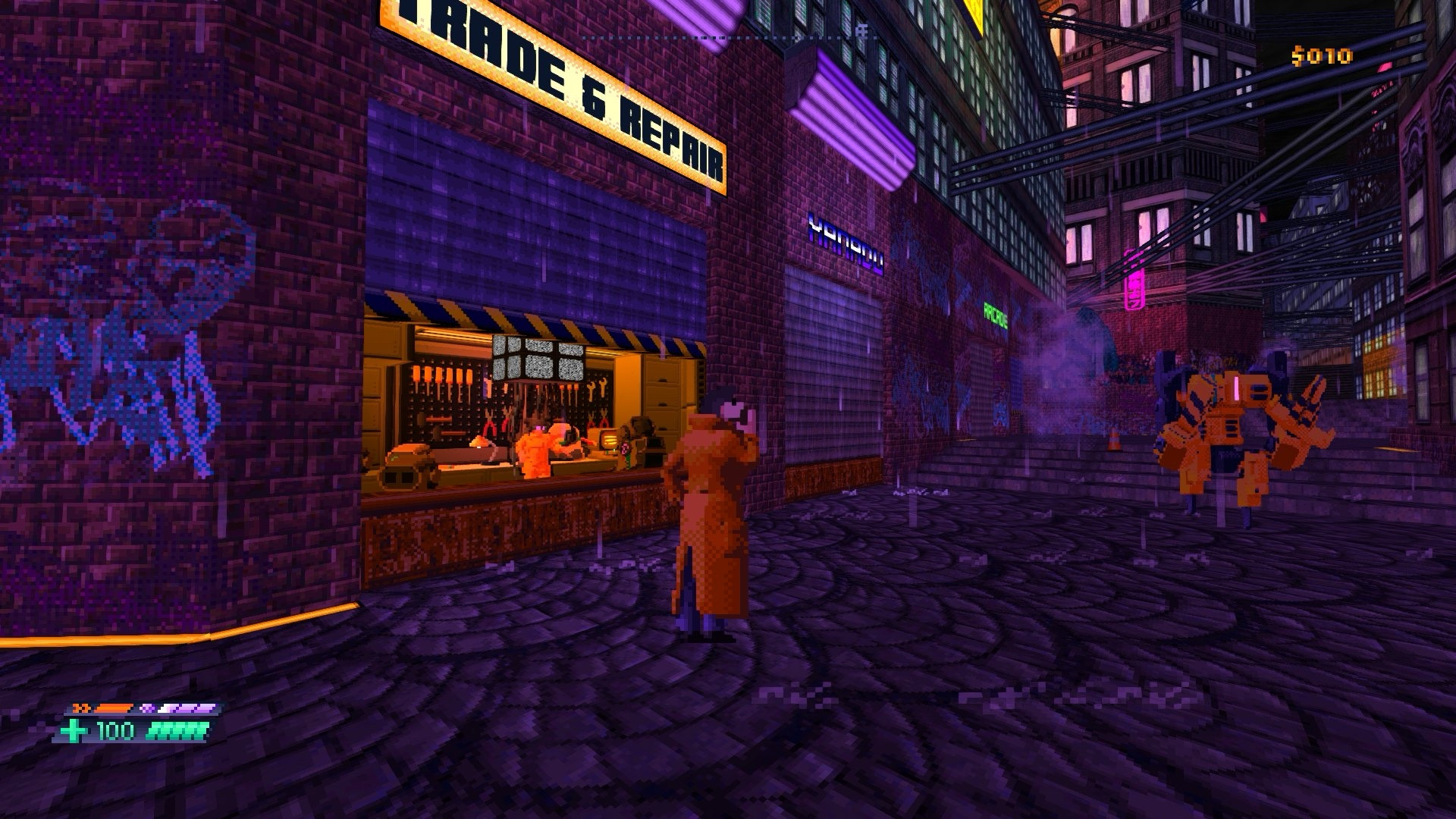 Video game screenshot, pixel art, dingy street