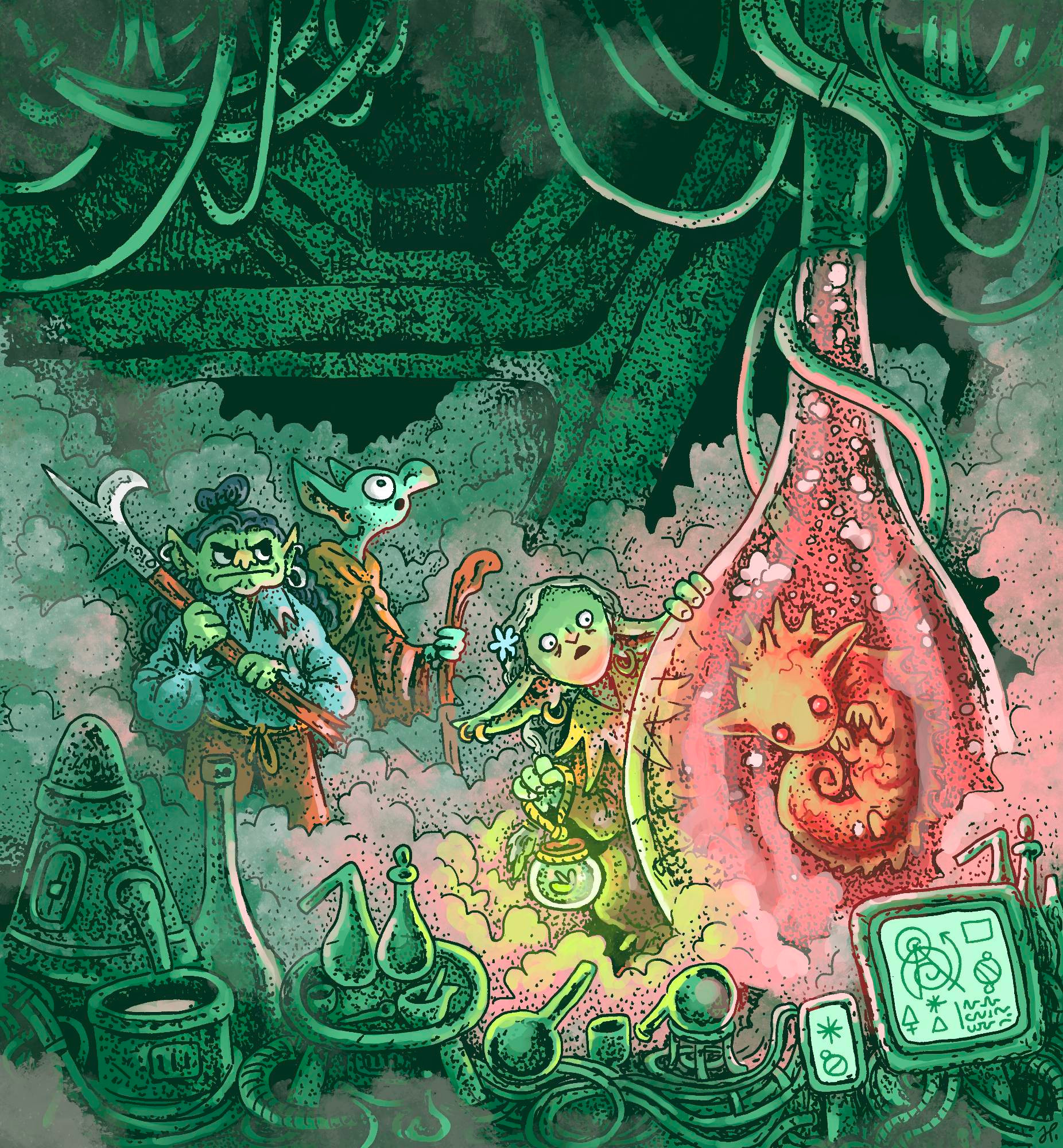 A group of goblin exploring a mysterious laboratory. There's cables hanging out the ceiling, alchemy stuff everywhere. One of the goblins is touching a big pod containing a fetus like goblin.