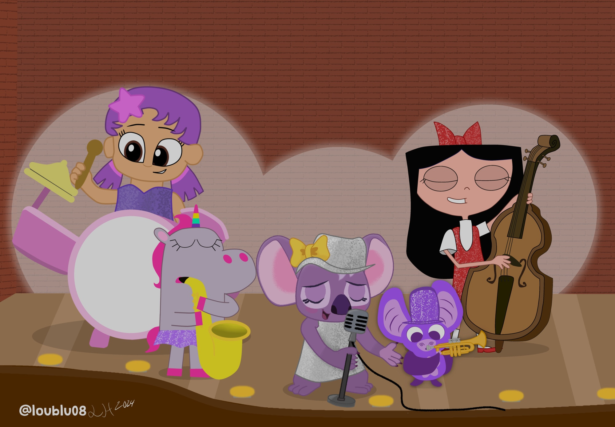 Characters from various cartoons on a stage playing in a jazz band. From left to right, Oona from Bubble Guppies in a blue dress behind a pink drum kit, holding drumsticks, Nina from the Game Catchers playing the saxophone, Pippen from Vida the Vet singing into a microphone, Seren from Abadas wearing a purple hat playing the trumpet, and Isabella from Phineas and Ferb wearing a red dress and bow playing the double bass.