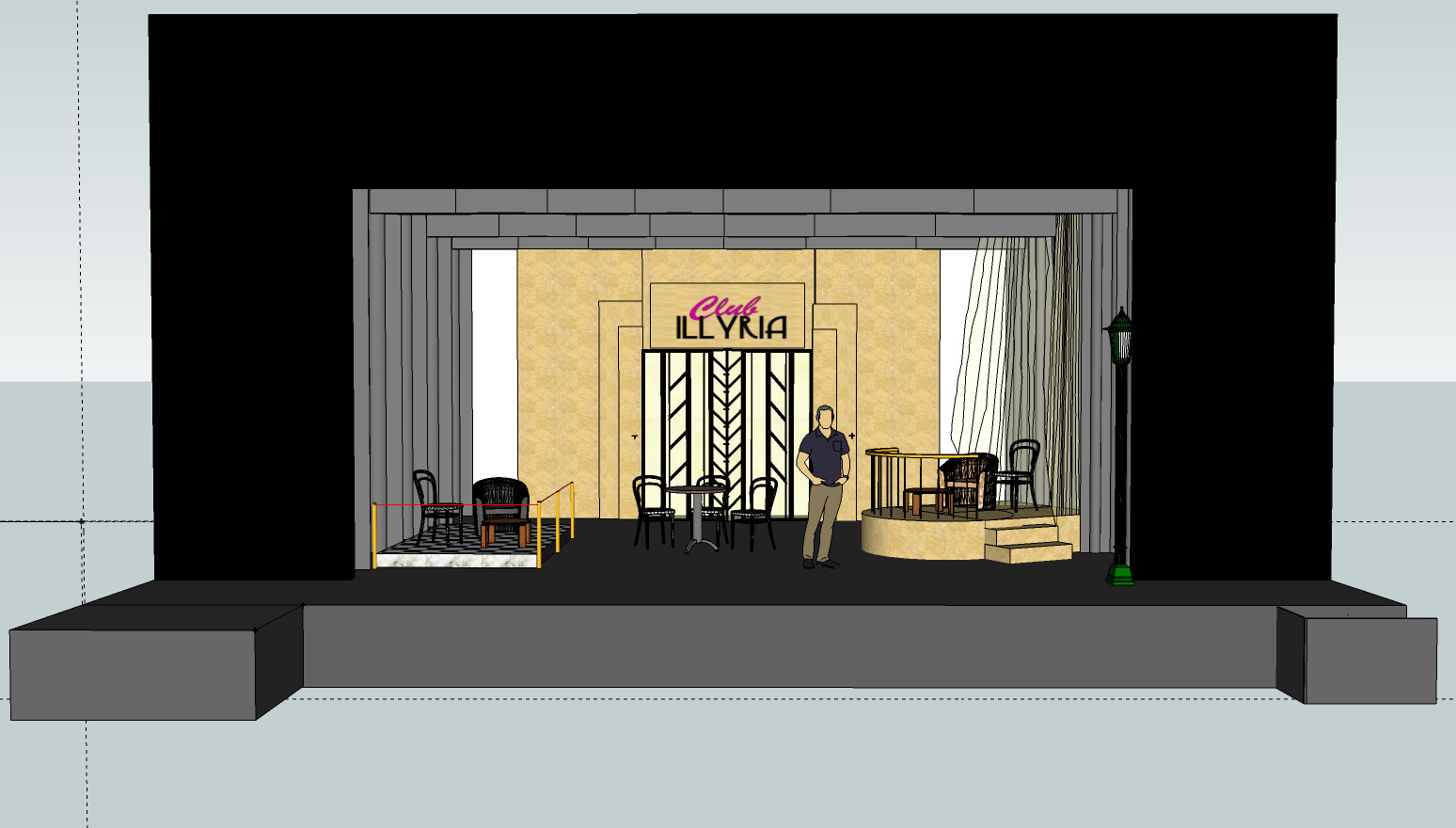 Set design for a production of 'Twelfth Night'. Setting is a Weimar Republic-style nightclub, dominated by an Art Deco light wall as the backdrop of the set.