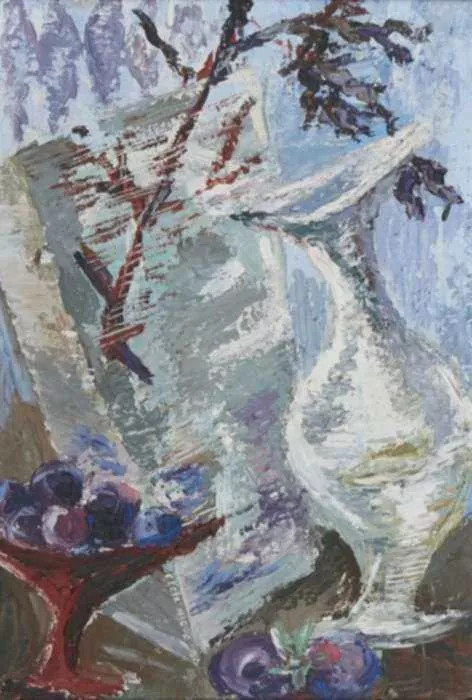 Painting by South African Fauvist painter Cecil Higgs. Depicts a distorted still life in muted colours.