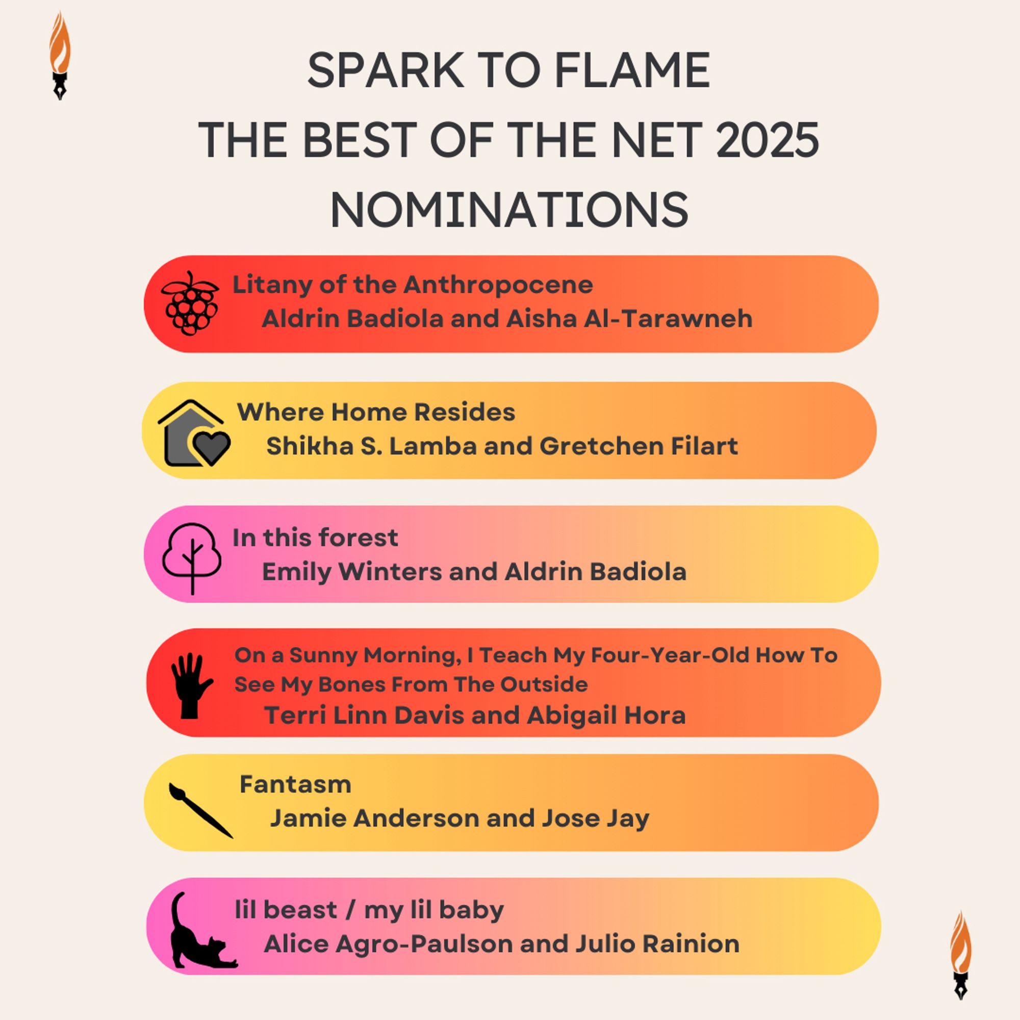 Spark to Flame’s Best of the Net 2025 Nominations:
•	Litany of the Anthropocene by Aldrin Badiola and Aisha Al-Tarawneh
•	Where Home Resides by Shikha S. Lamba and Gretchen Filart
•	In this forest by Emily Winters and Aldrin Badiola
•	On a Sunny Morning, I Teach My Four-Year-Old How To See My Bones From The Outside by Terri Linn Davis and Abigail Hora
•	Fantasm by Jamie Anderson and Jose Jay
•	lil beast / my lil baby by Alice Agro-Paulson and Julio Rainion