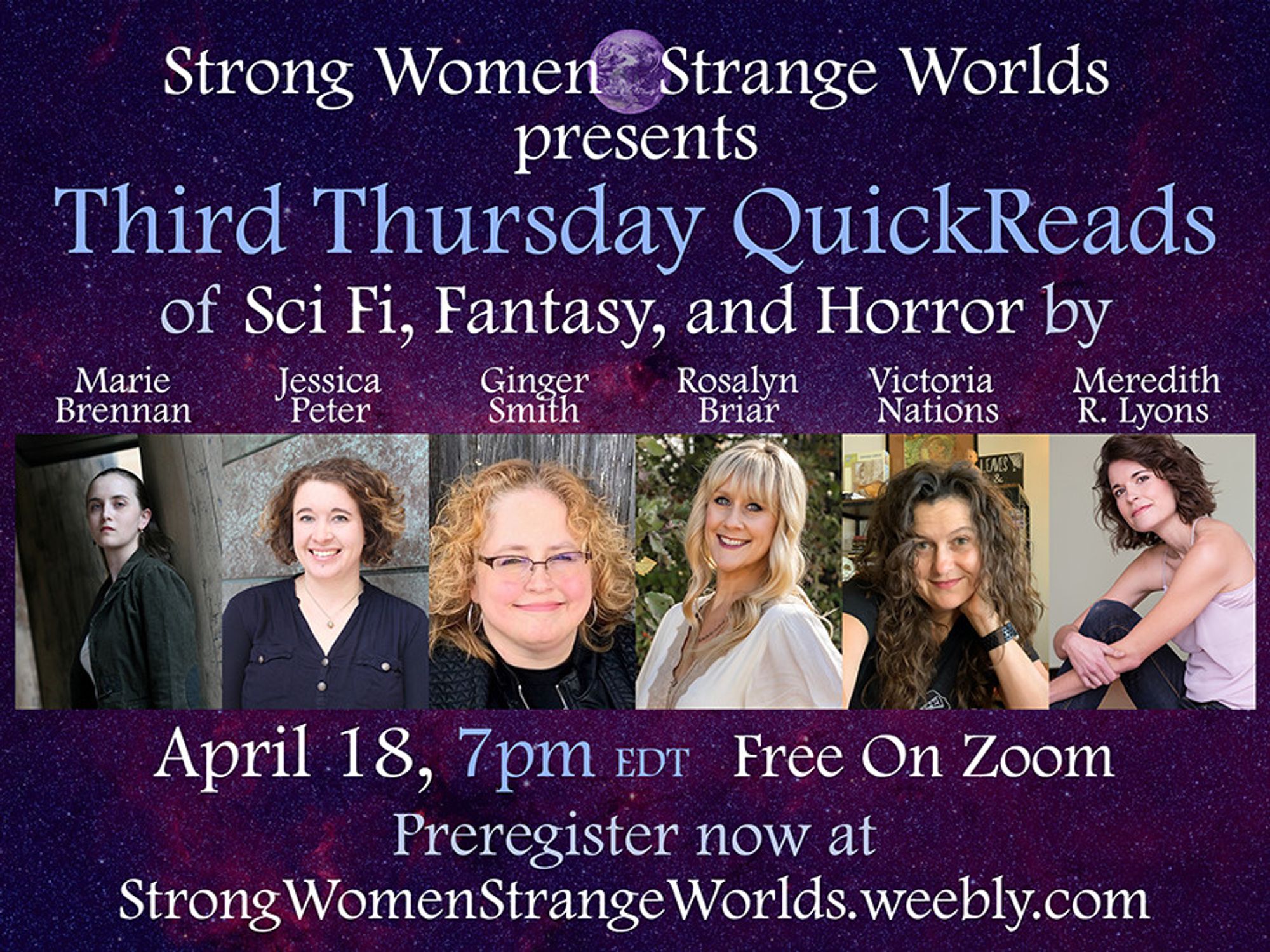 A promotional card from Strong Women, Strange Worlds showing headshots of Marie Brennan, Jessica Peter, Ginger Smith, Rosalyn Briar, Victoria Nations, and Meredith R. Lyons