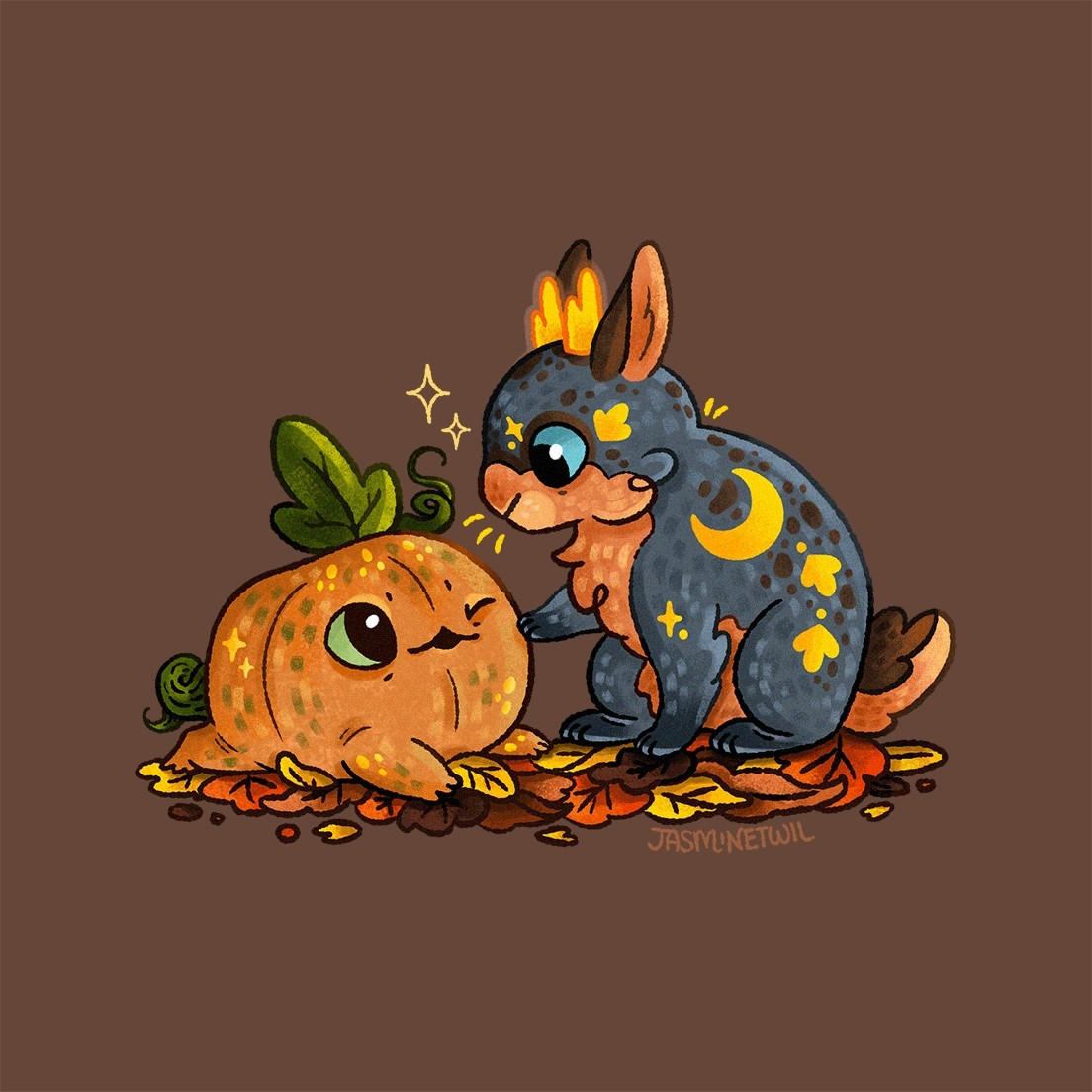 An illustration of a baby pumpkin creature (known as a Plumpkin) lying on a bed of autumn leaves. A jackalope kit is sitting next to it and booping the Plumpkin baby. The jackalope kit has star and moon motives on its grey and orange fur.