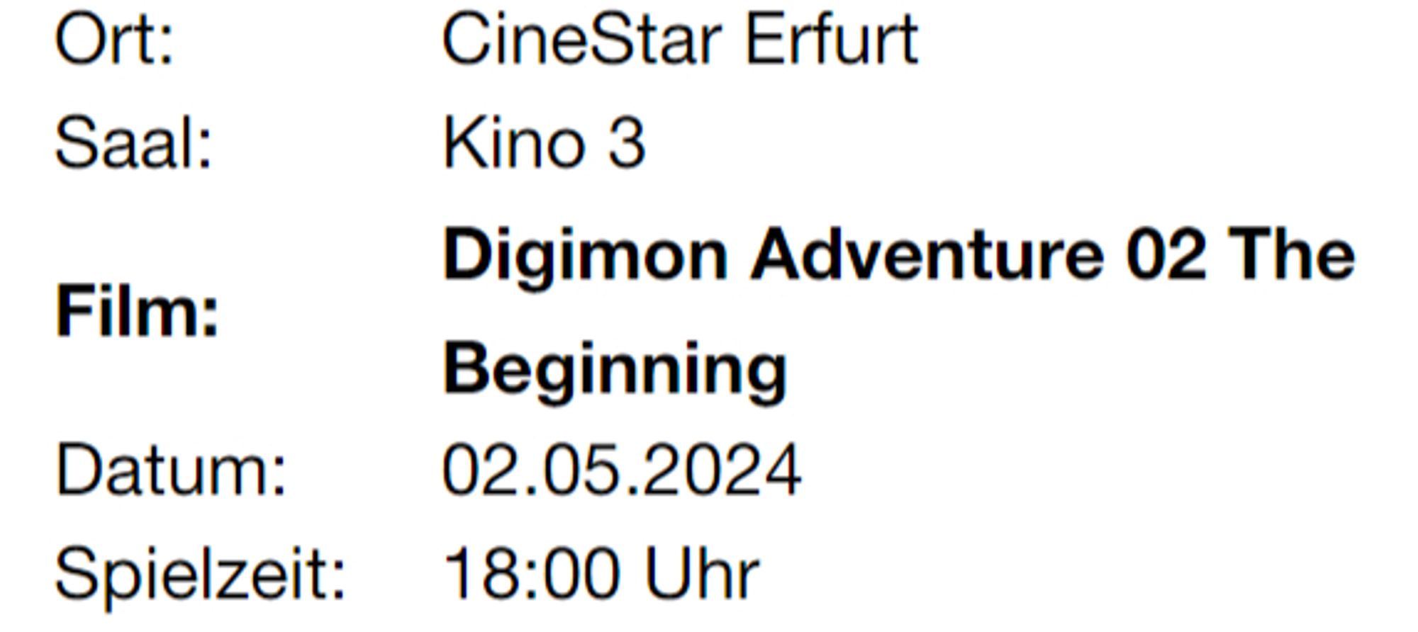 Screenshot eines Kinotickets für den Film Digimon Film am 02.05. um 18 Uhr