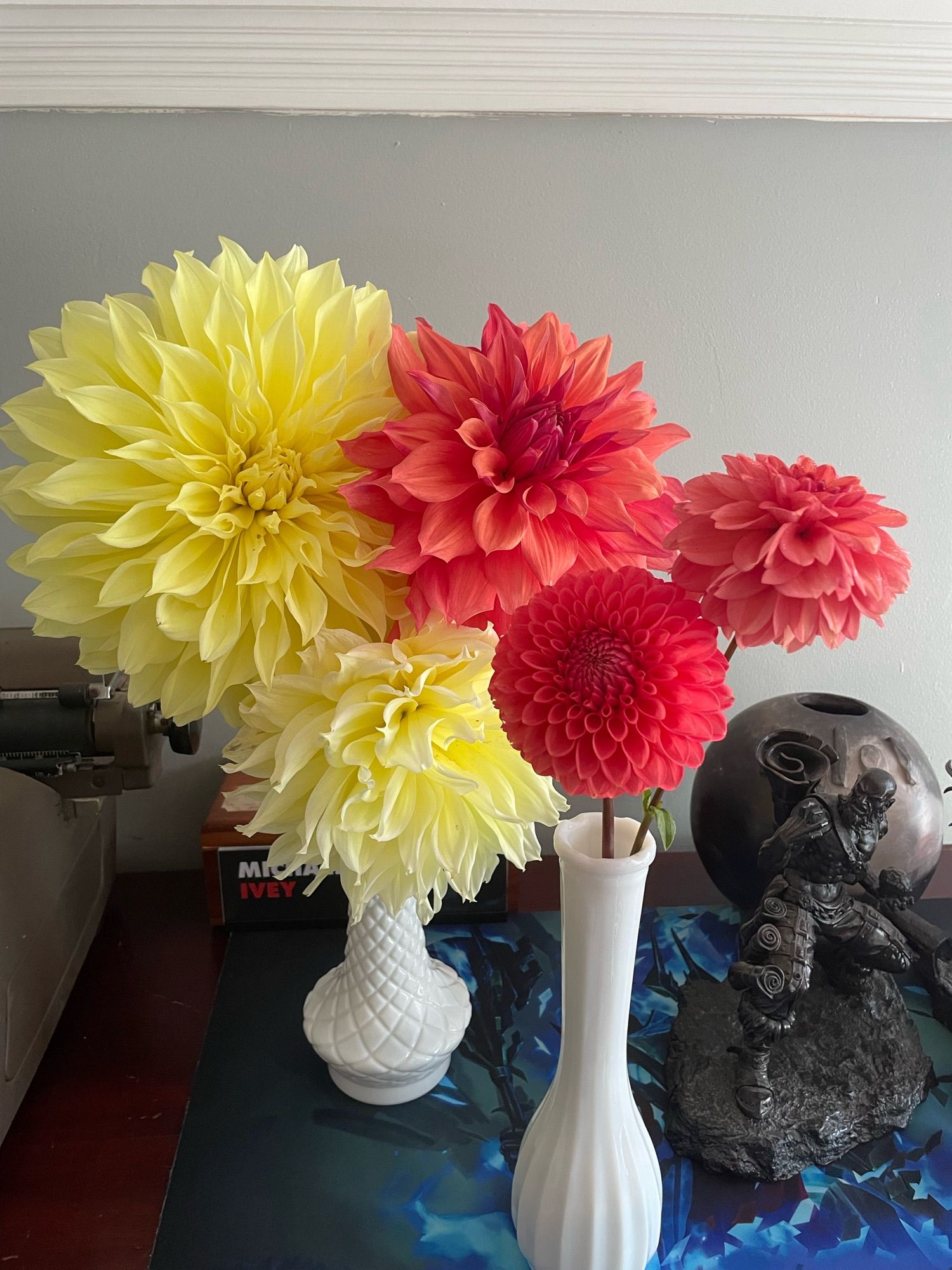 Five dahlias in milk glass vases