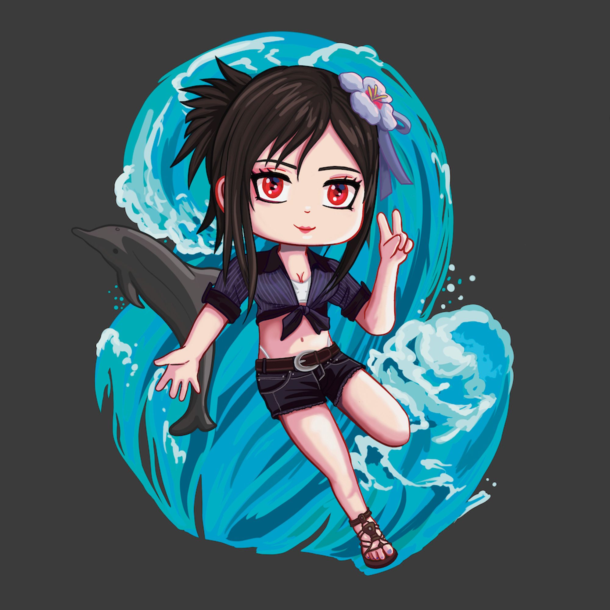 Chibi design of Tifa wearing a summer outfit from FF7 Rebirth featuring shorts and sandals. A water wave and dolphin is present in the background, symbolising her limit break.