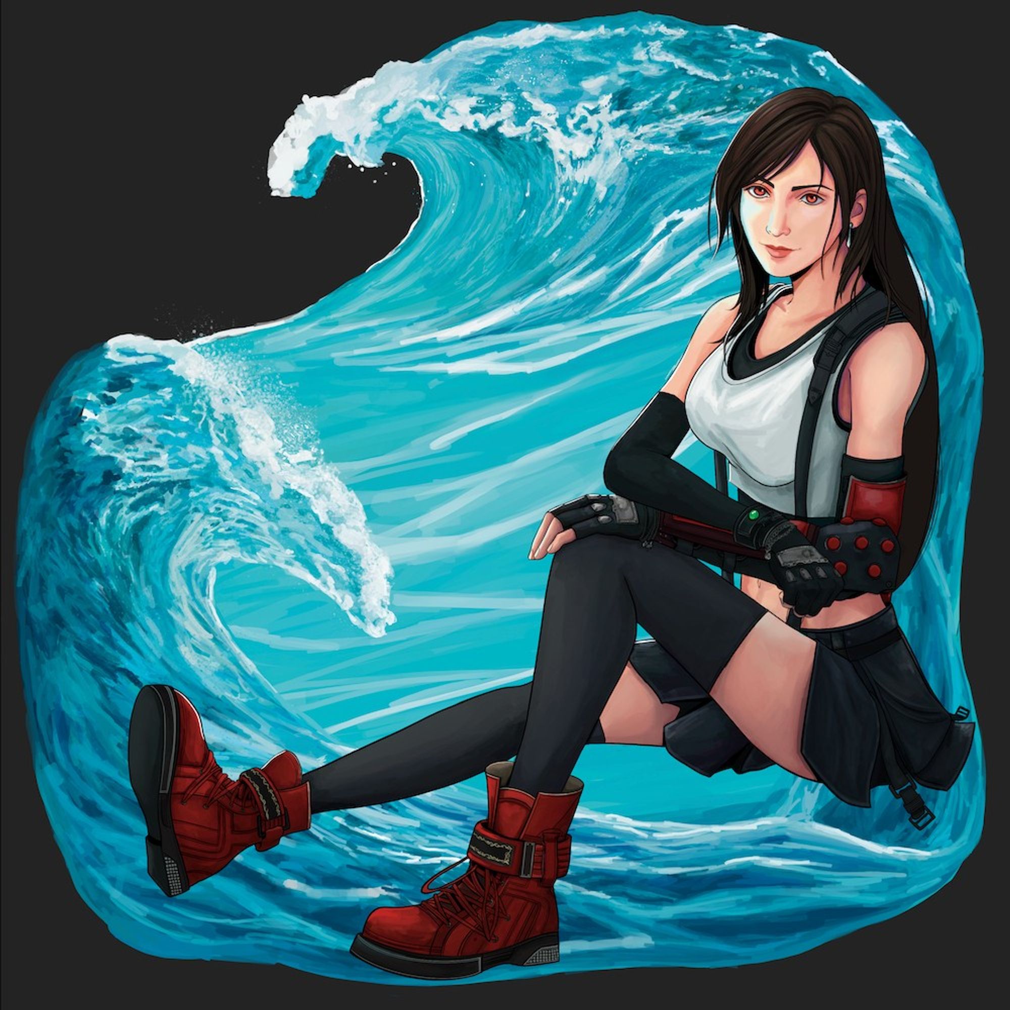 Tifa in her top and mini skirt, stylised as the version from FF7 Remake. She sits on a backdrop of water, with waves crashing.