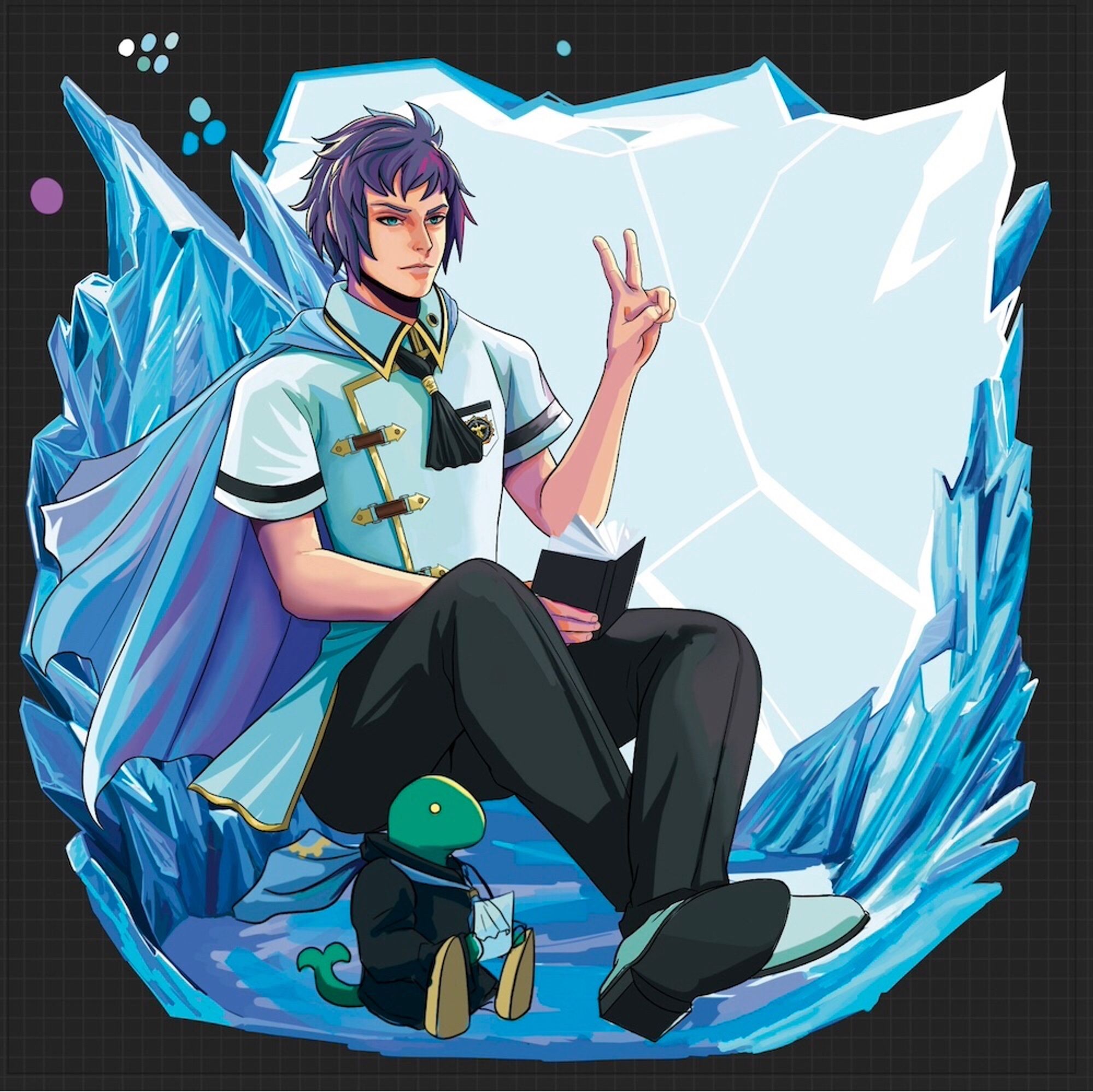 Standee work in progress featuring cadet Kurasame in his summer uniform sitting on ice and doing a peace sign.