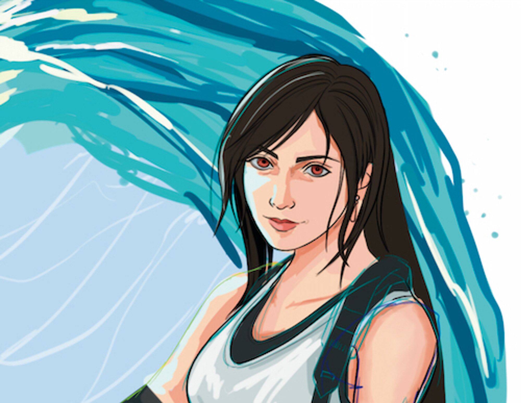 Work in progress design of Tifa with a water wave in the background.