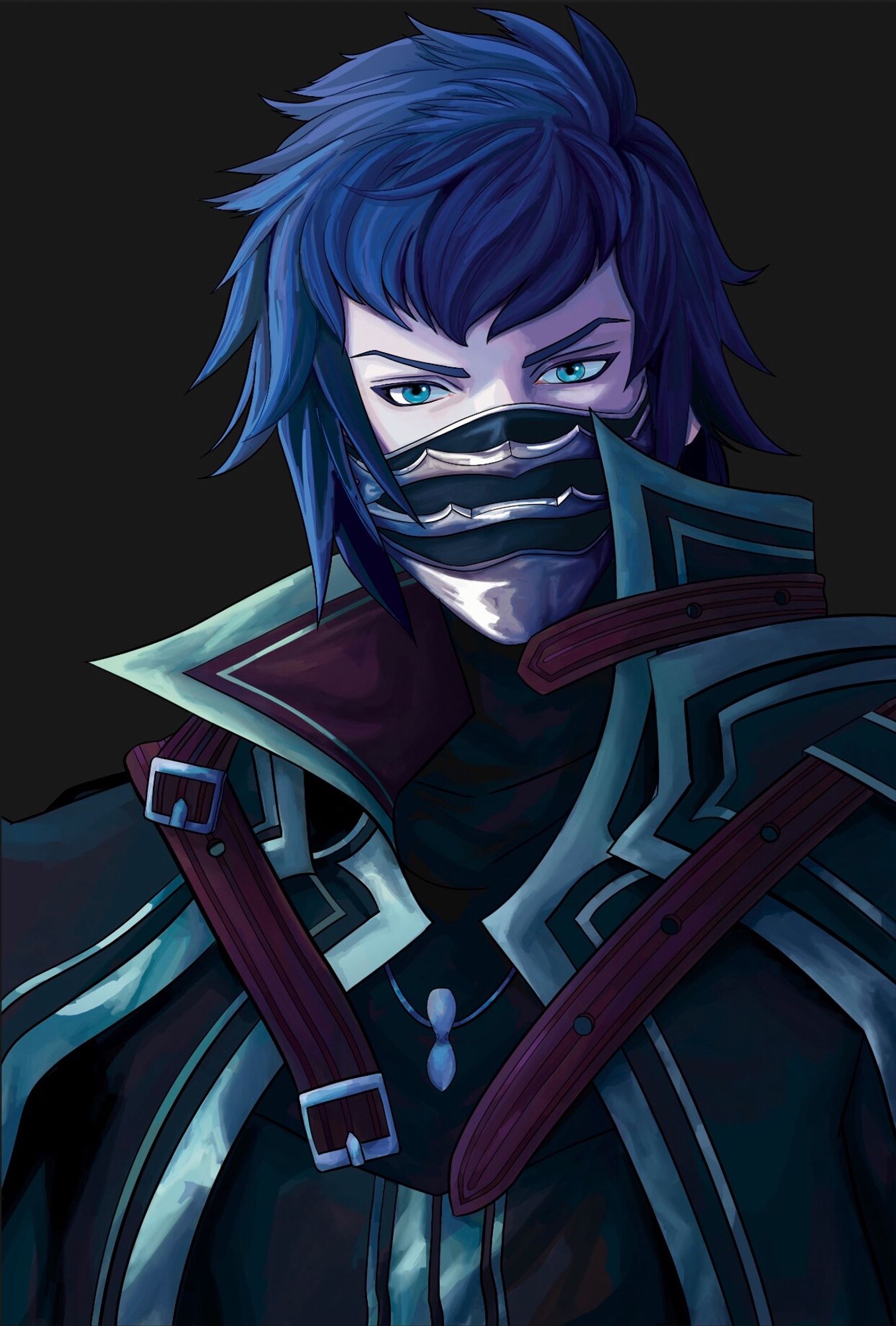 A blue toned portrait of Kurasame wearing his mask.