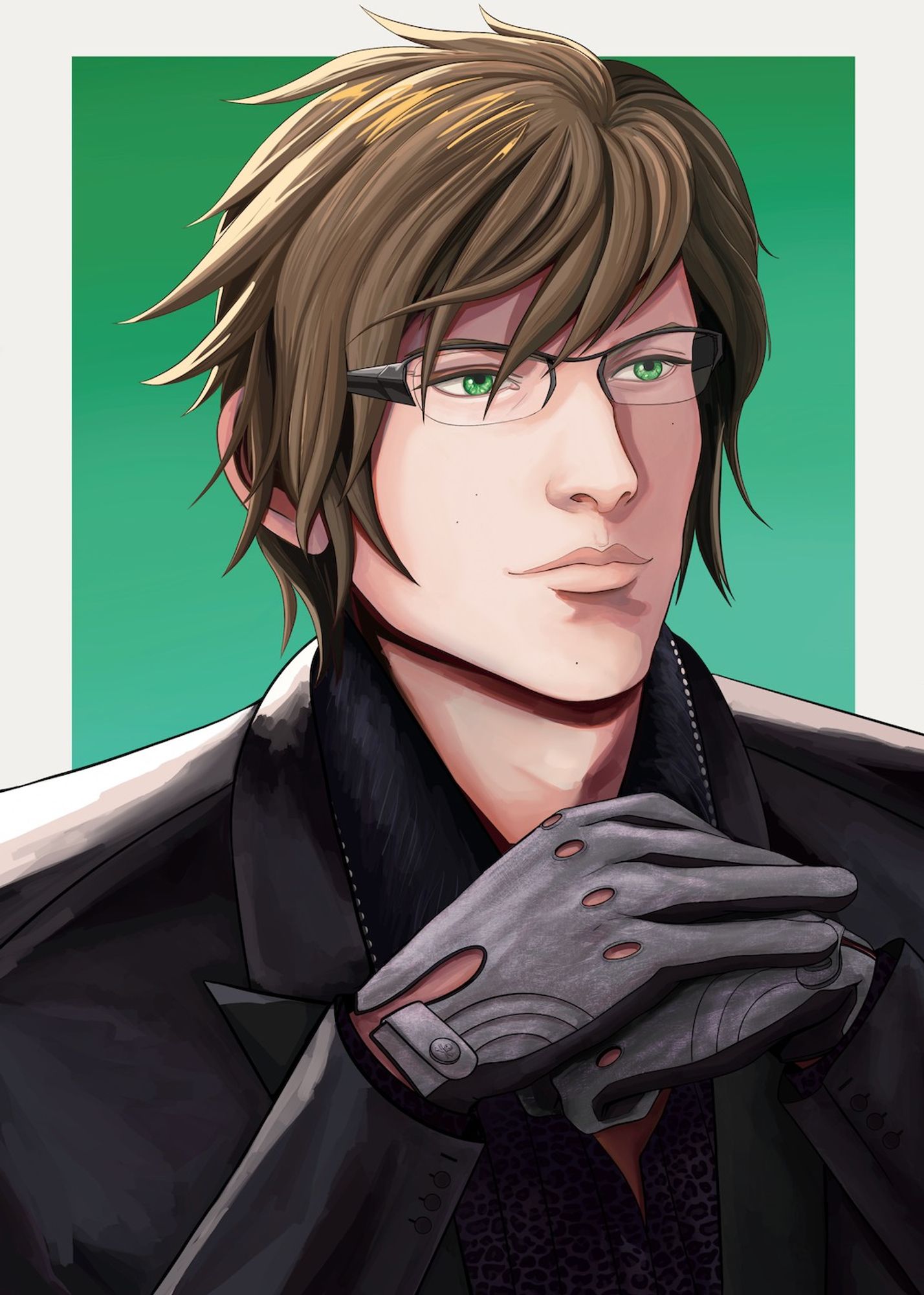 Ignis portrait with a white border. He wears his crownsguard uniform with jacket, has messy hair and has his hands placed in front, resting on each other. In this image he wears glasses.