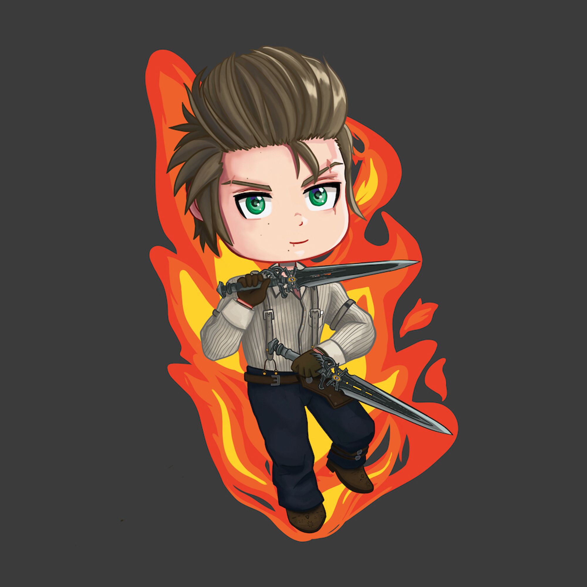 Reversed artwork featuring verse 2 non-visored Ignis. He wears the casual white shirt and blue jeans ensemble. In his hands are a pair of daggers while fire is in the background.