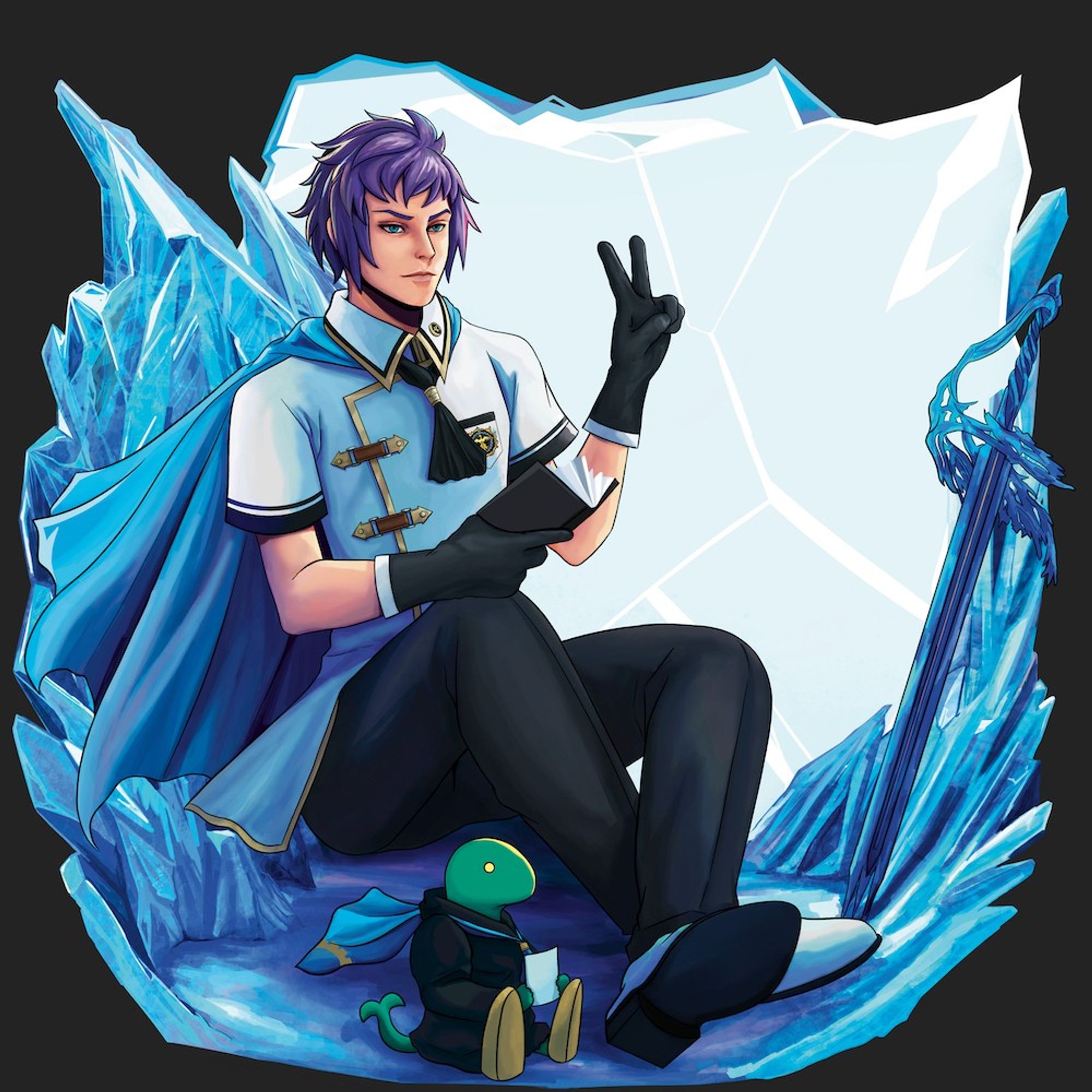 Cadet Kurasame in his summer uniform. His left hand is making a peace sign while he holds his journal in the right. Tonberry is at his feet with a sheet of paper. Behind him is a backdrop of ice with his boreal blade on the right.