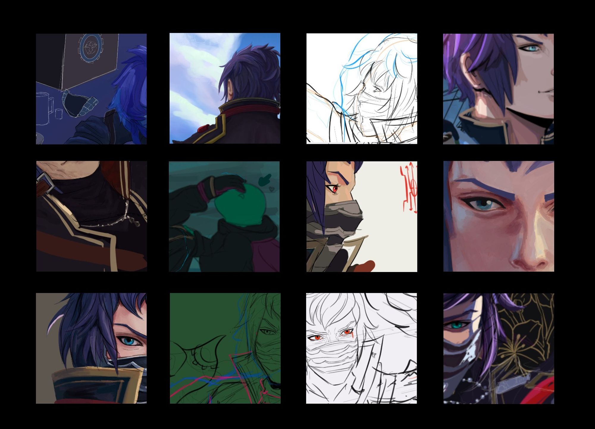 A 4 across by 3 down grid of work in progress artworks drawn in Procreate. All feature Kurasame from type-0 in various states of completion, from sketches with flats to rendered.