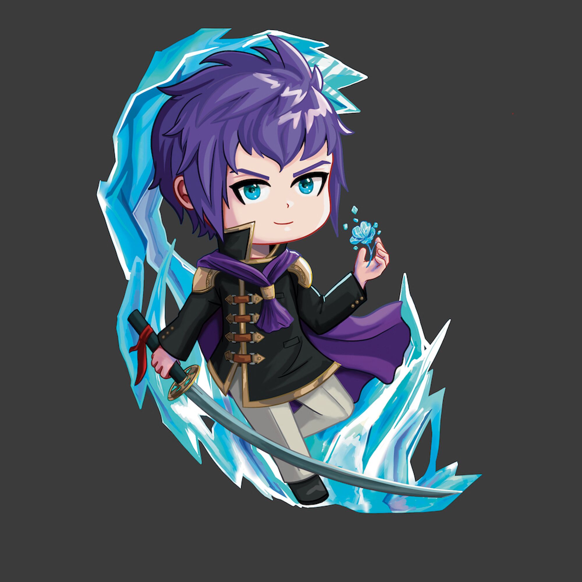 A chibi of Class 3 cadet Kurasame wearing a purple cloak and wielding katana on an ice backdrop. He has an ice flower in his hand.