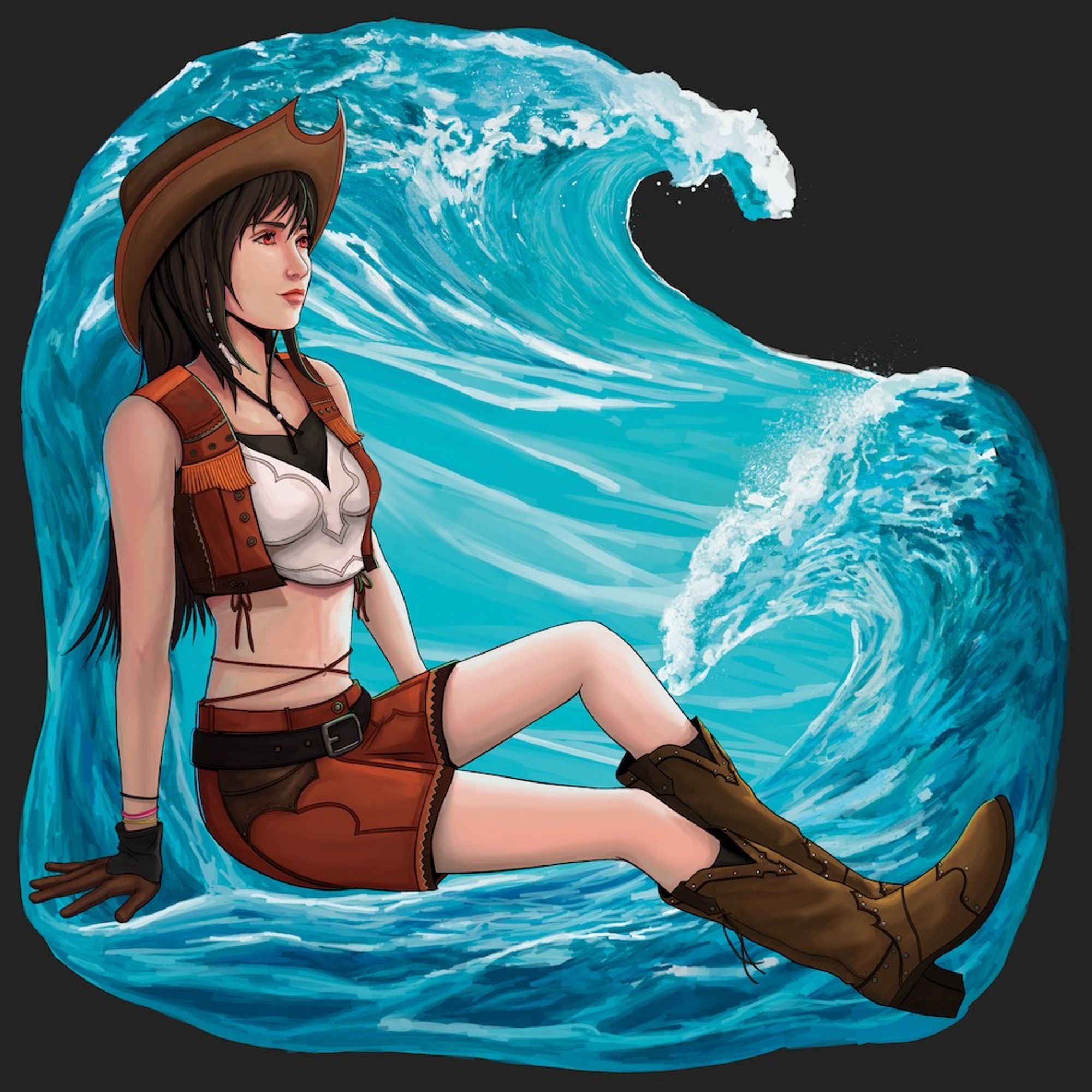 15 year-old Tifa facing to the right, wearing her cowgirl outfit from the flaskback. Behind her is a backdrop of water with waves crashing.