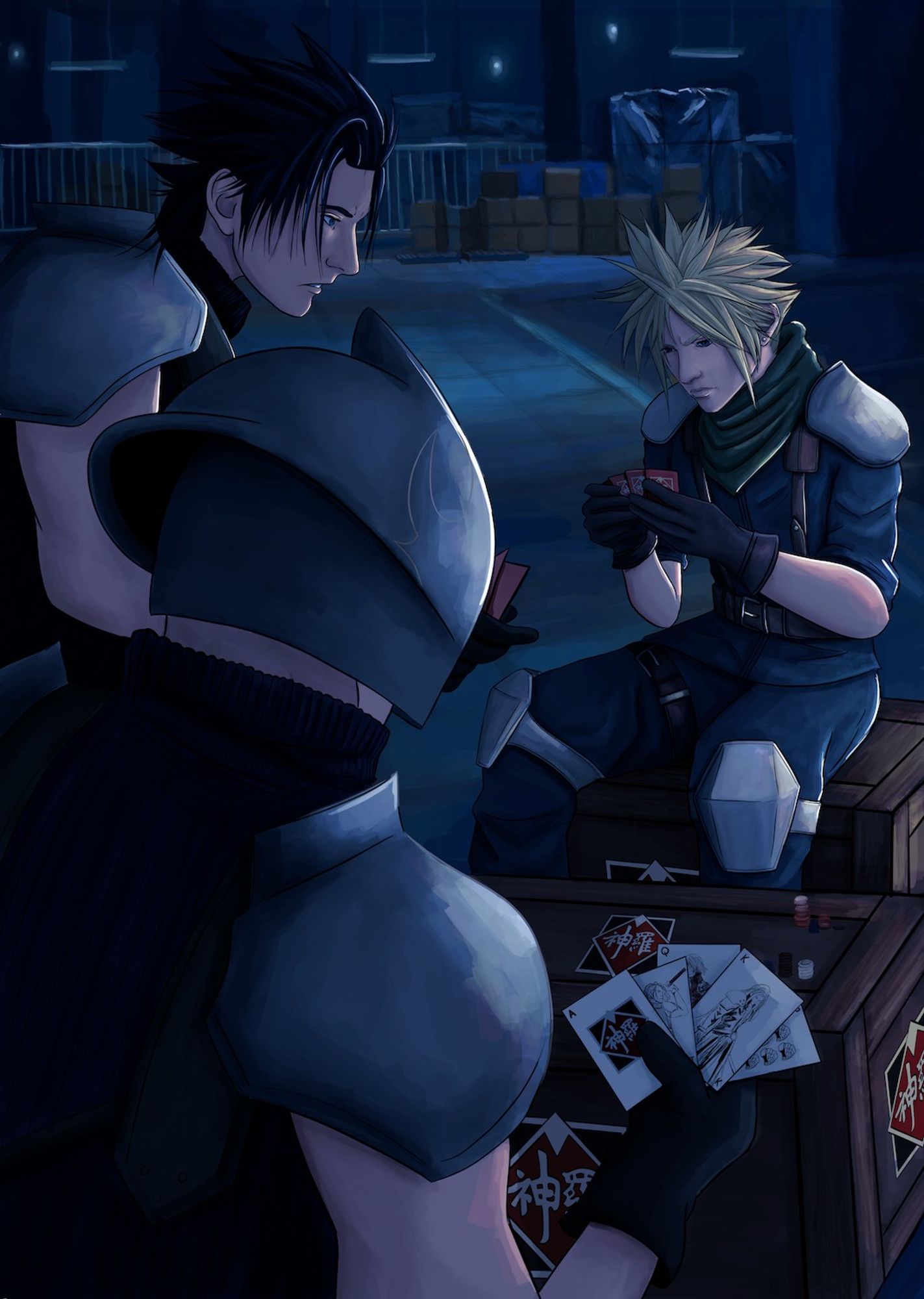 Zack, Cloud and Kunsel sitting on Shinra cargo boxes playing poker in the blue-toned garage area from FF7 Remake.