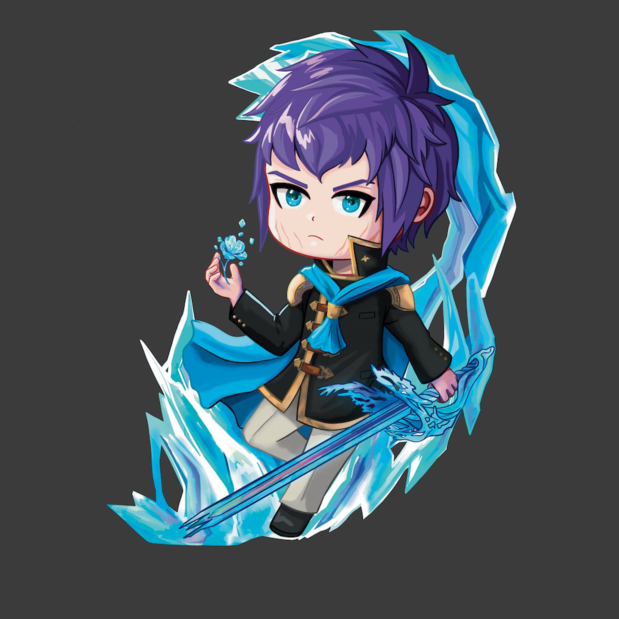 The same artwork of chibi Kurasame, flipped to face left. He has a blue class 1 cape and his icy boreal blade and is also scarred.