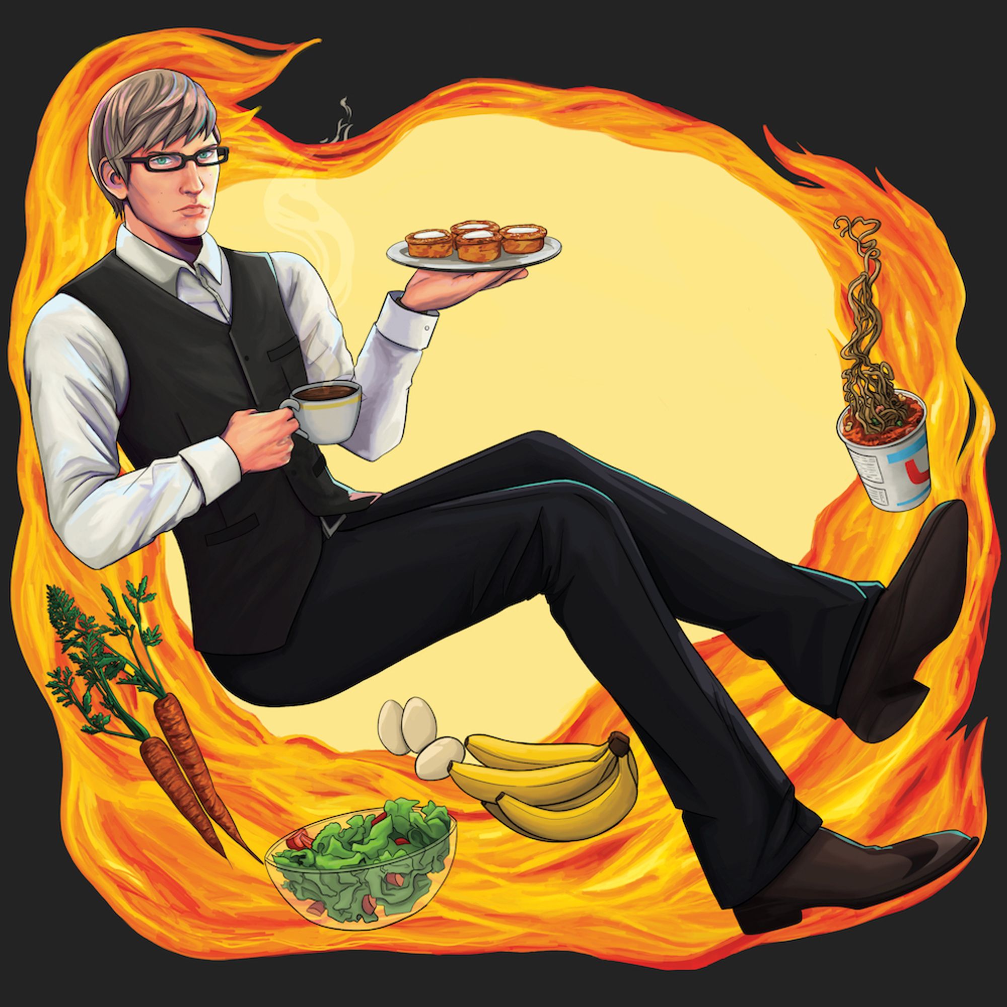 Teenage Ignis wearing a white shirt and black vest. He is holding a coffee cup and a plate of tenebraen tarts, as seen in the anime. Behind him is a firey background and assorted food items from the episode, including salad, bananas, eggs, cup noodle. Carrots are also included.