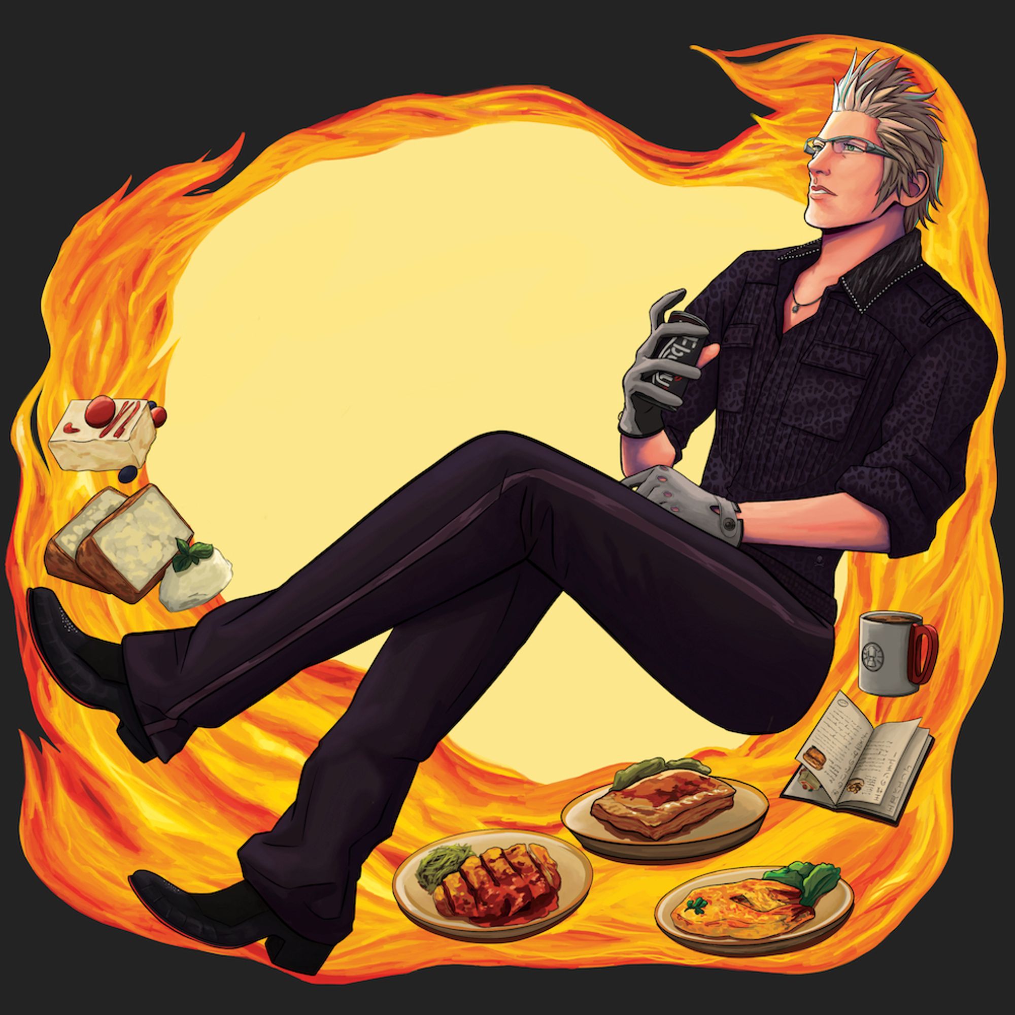 Ignis sitting with a can of ebony wearing his crownsguard uniform. Behind him is a firey background and an assortment of recipes, in addition to a can of coffee and a recipe book, surround him in a ring.