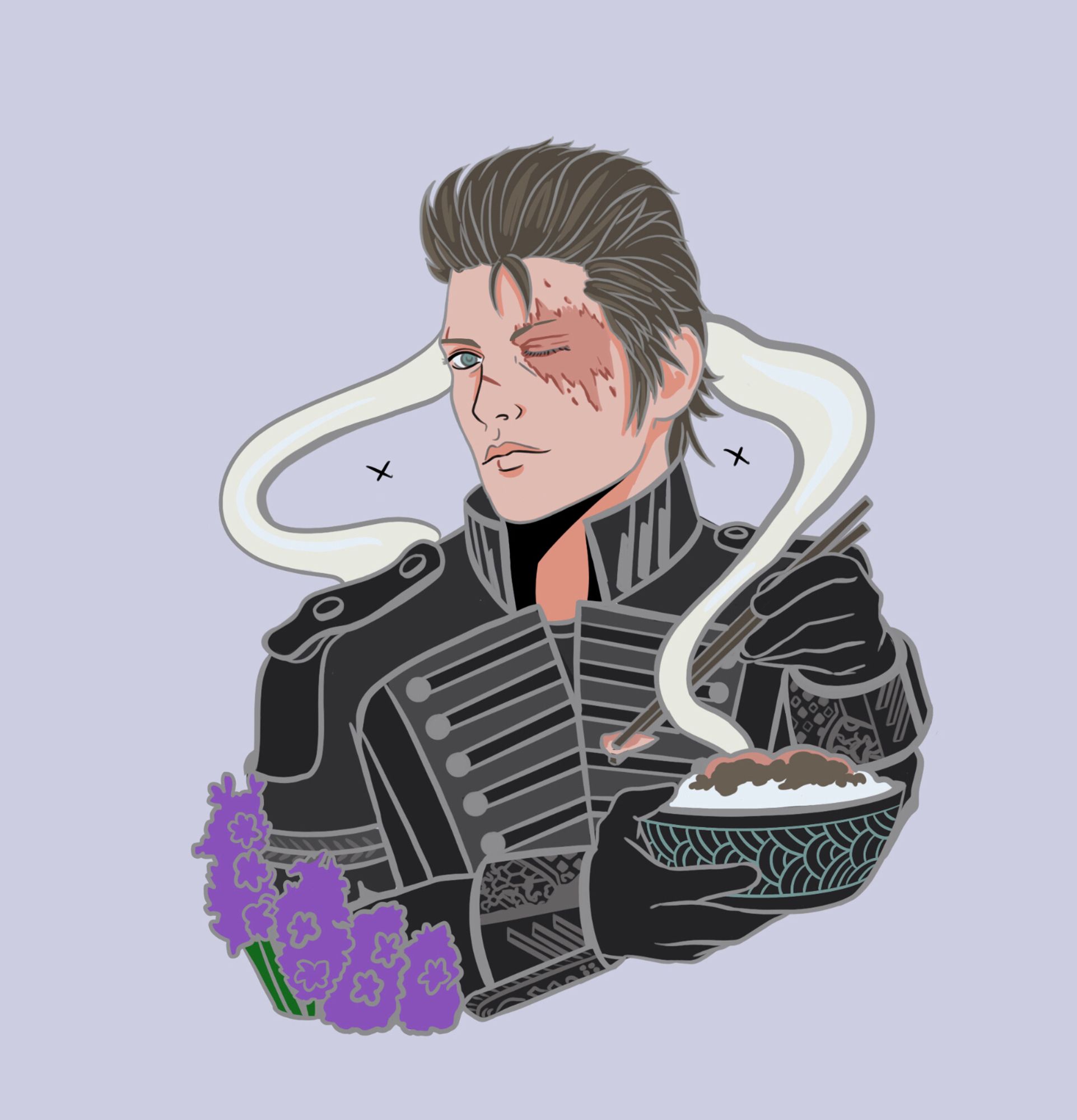 Enamel pin design featuring blind older Ignis in a kingsglaive uniform holding a steaming bowl of food. To the left are lavender flowers to depict faithfulness.